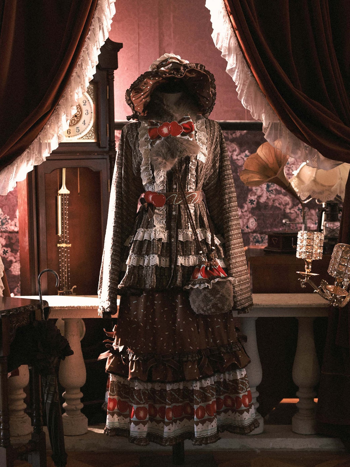Cherry Mint Chocolate Sweet Lolita Pipa Sleeve Blouse Tiered Skirt Set