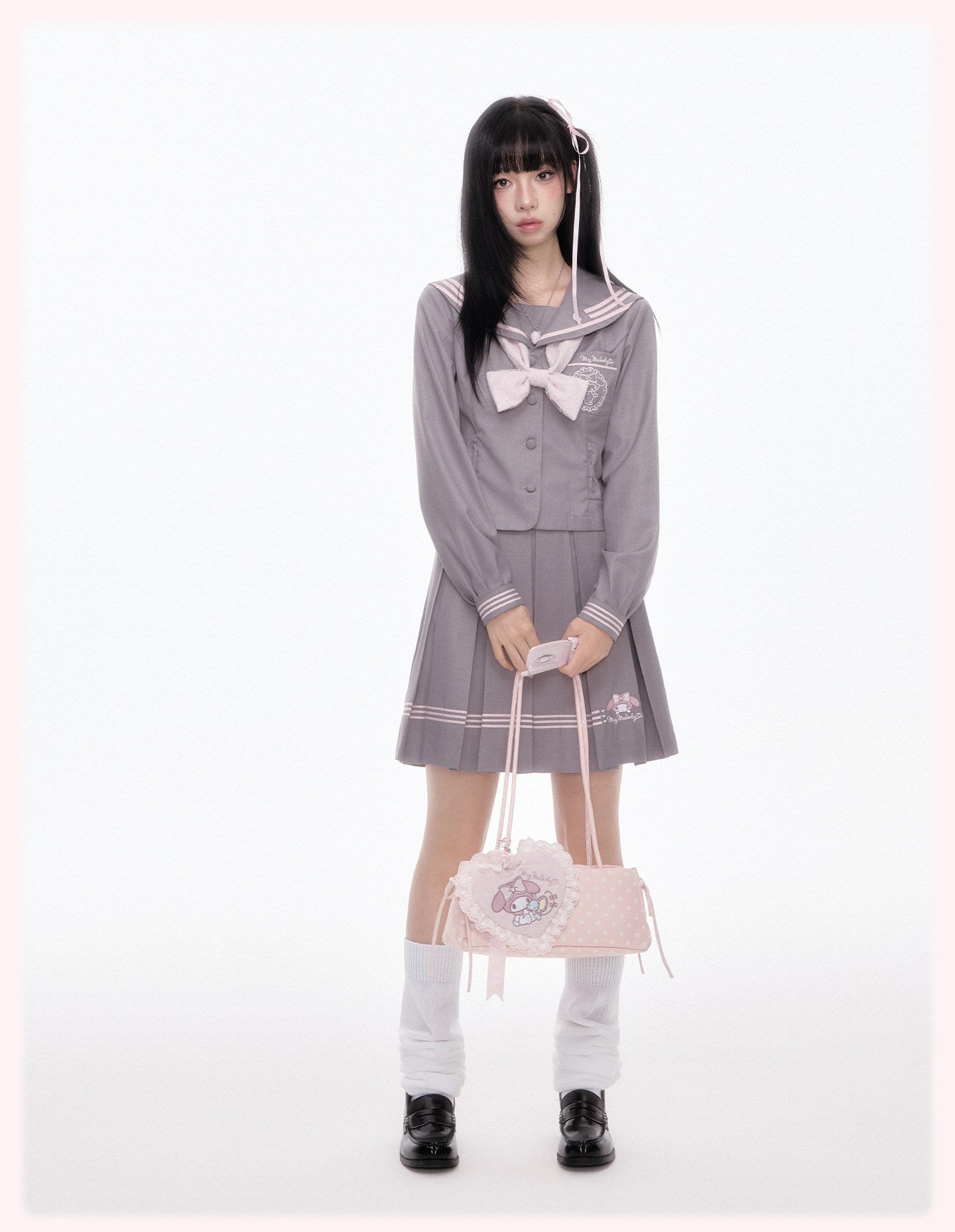 My Melody Gray JK Sailor Uniform Long Sleeve Top Pleated Skirt Bow Tie Set
