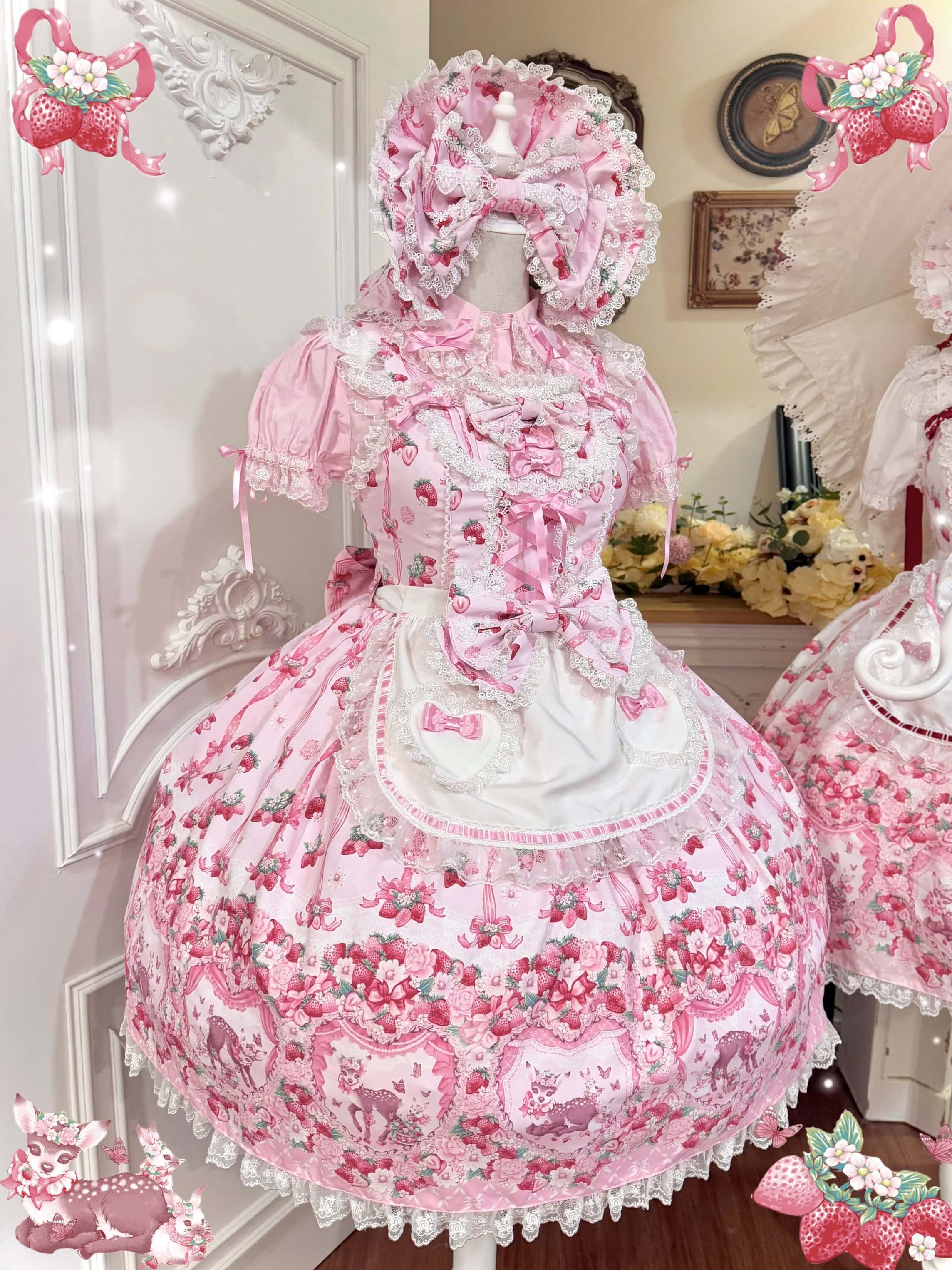 Deer Strawberry Garden Old-School Strawberry Print Lolita JSK