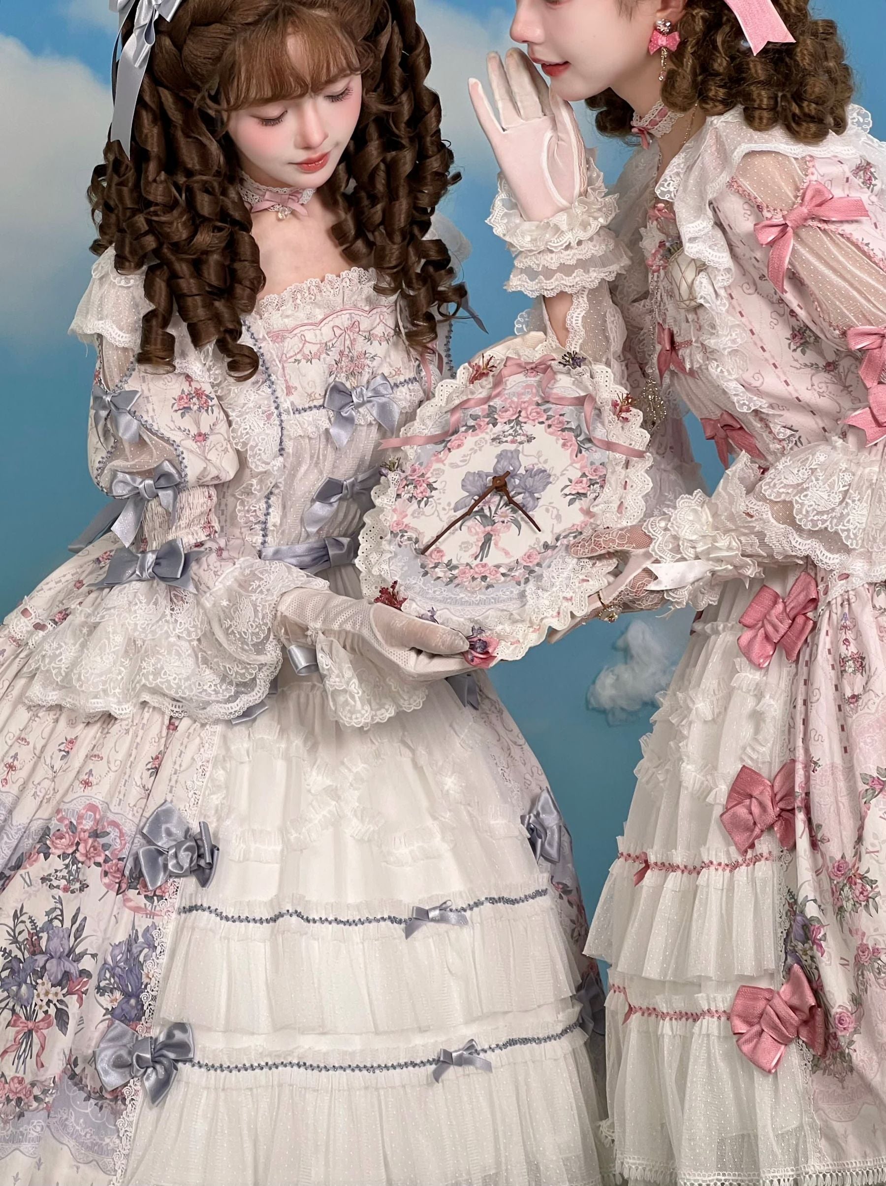 Iris Clock Floral‑Wall Front‑Opening Lolita Hime‑Sleeve Dress