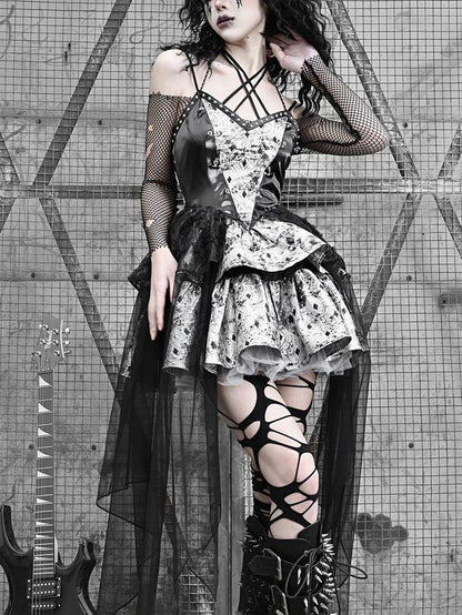 Lolita Punk Halter Dress with PU Leather Fishnet LG1017