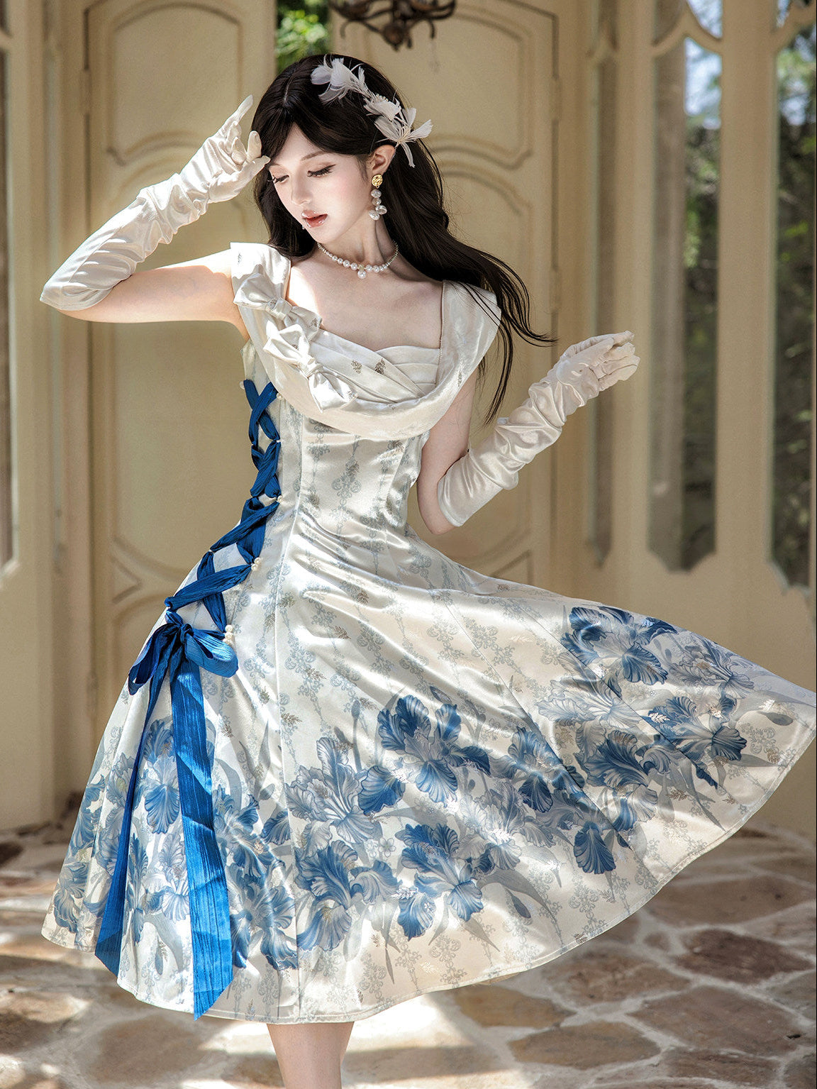 Iris Holiday Ivory Blue Jacquard Satin Classic Lolita Dress