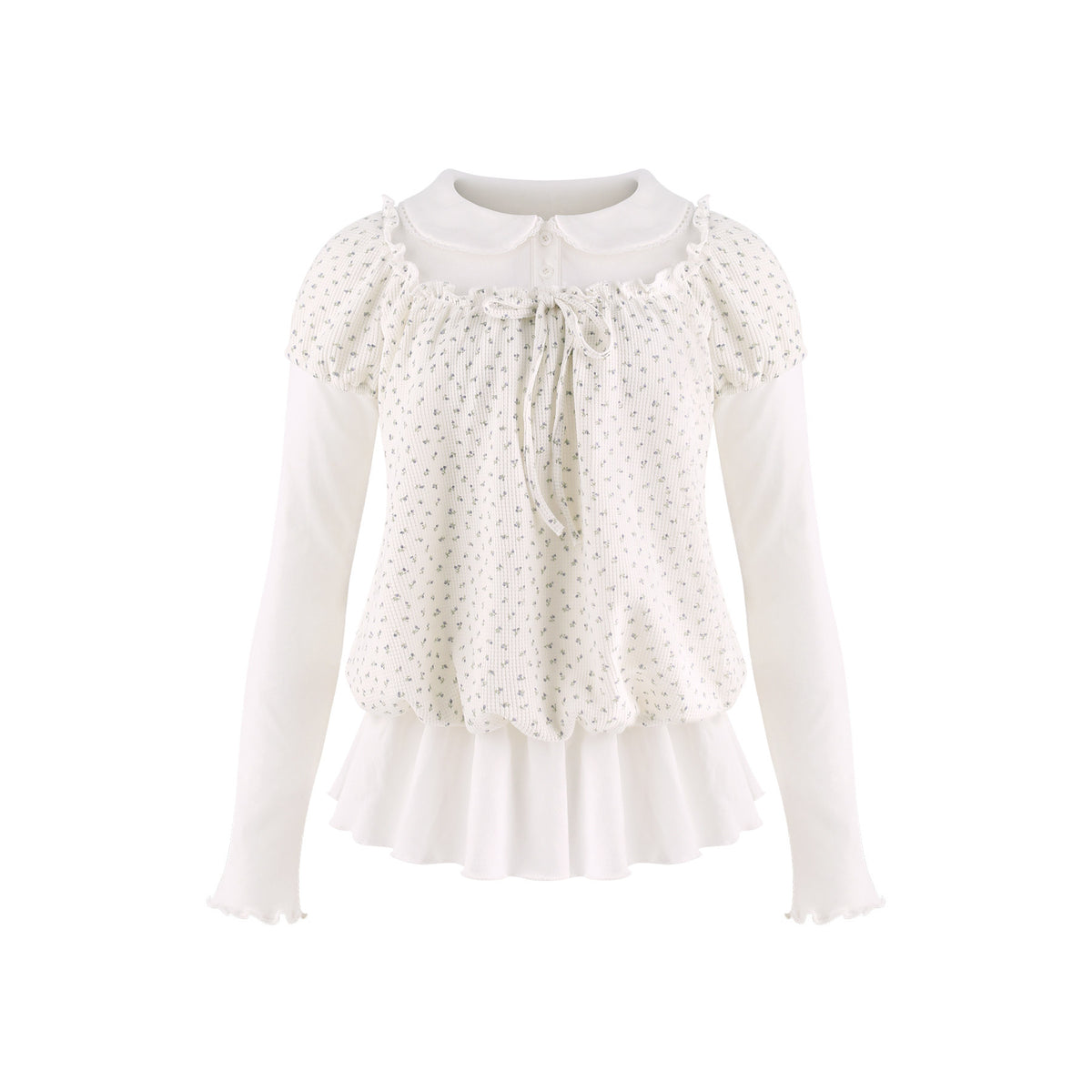 Cloud Floral White Doll Collar Faux Two-Piece Top White Floral Bloomers Girly Daily Set