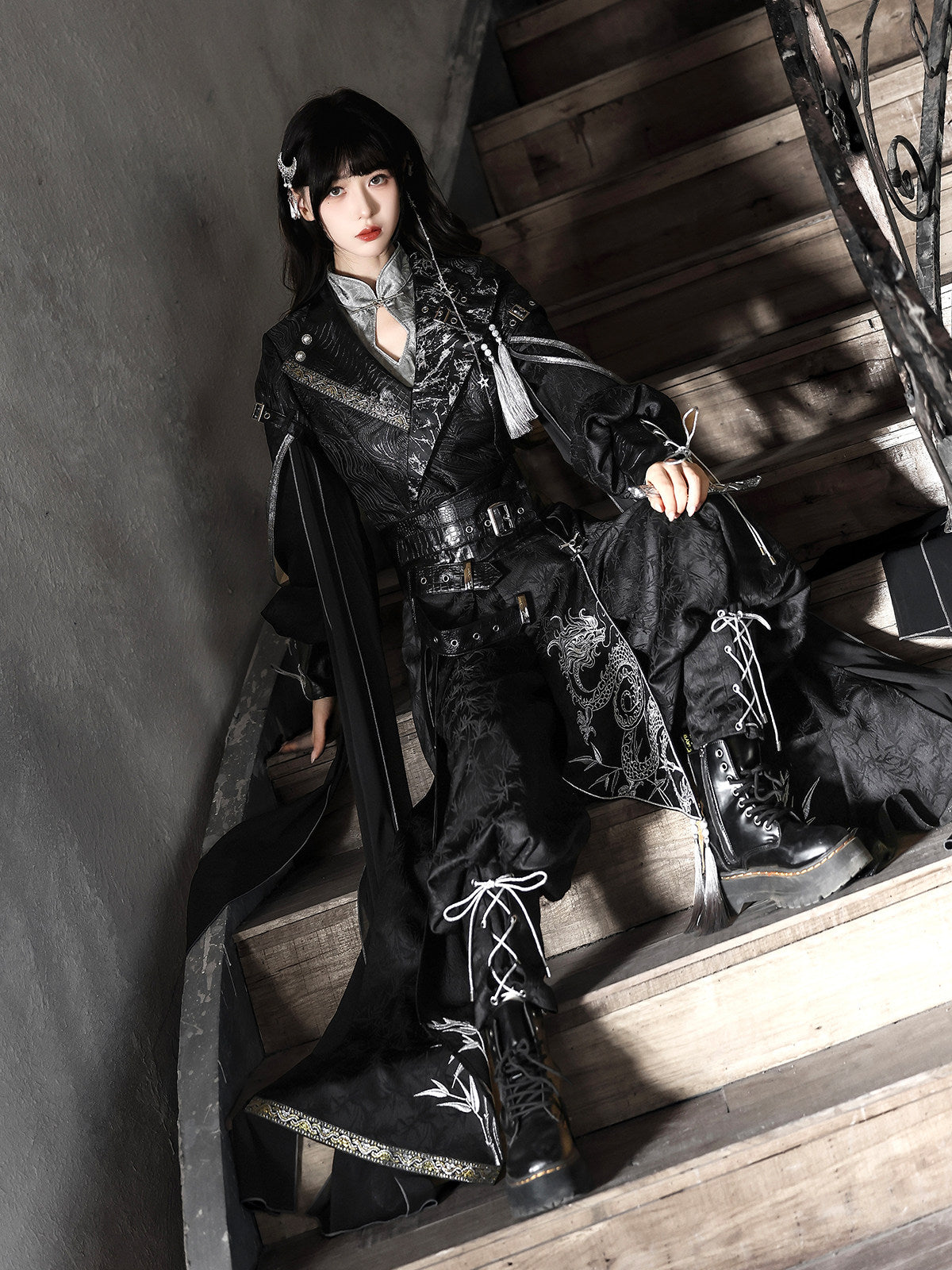 Shadow Dragon Black Silver Dragon Embroidery Oriental Hanfu Modern Set