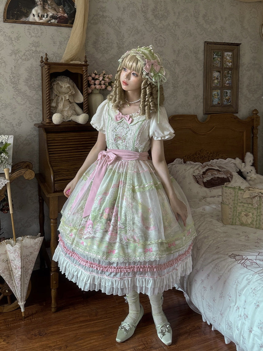 Bamboo Rabbit Pink Green Bunny Floral Print Bow Classic Lolita OP Dress