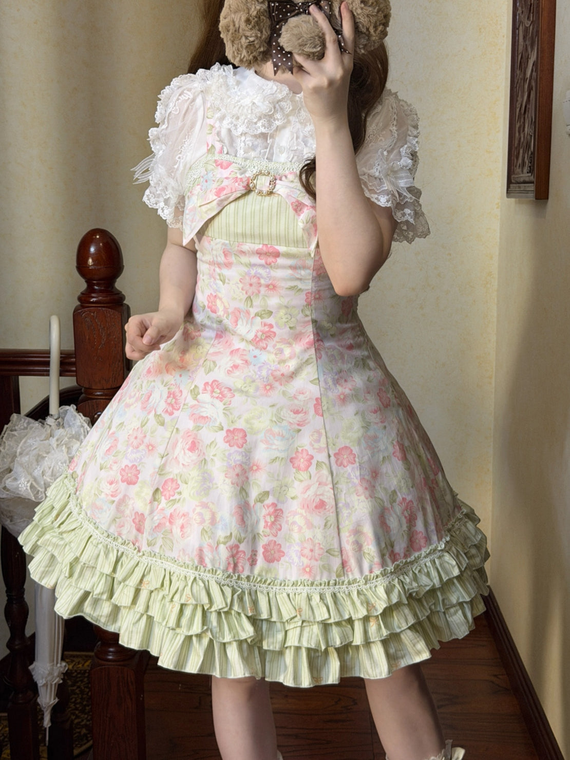 Rose Spring Romance Pink Green Floral Classic Lolita JSK Dress