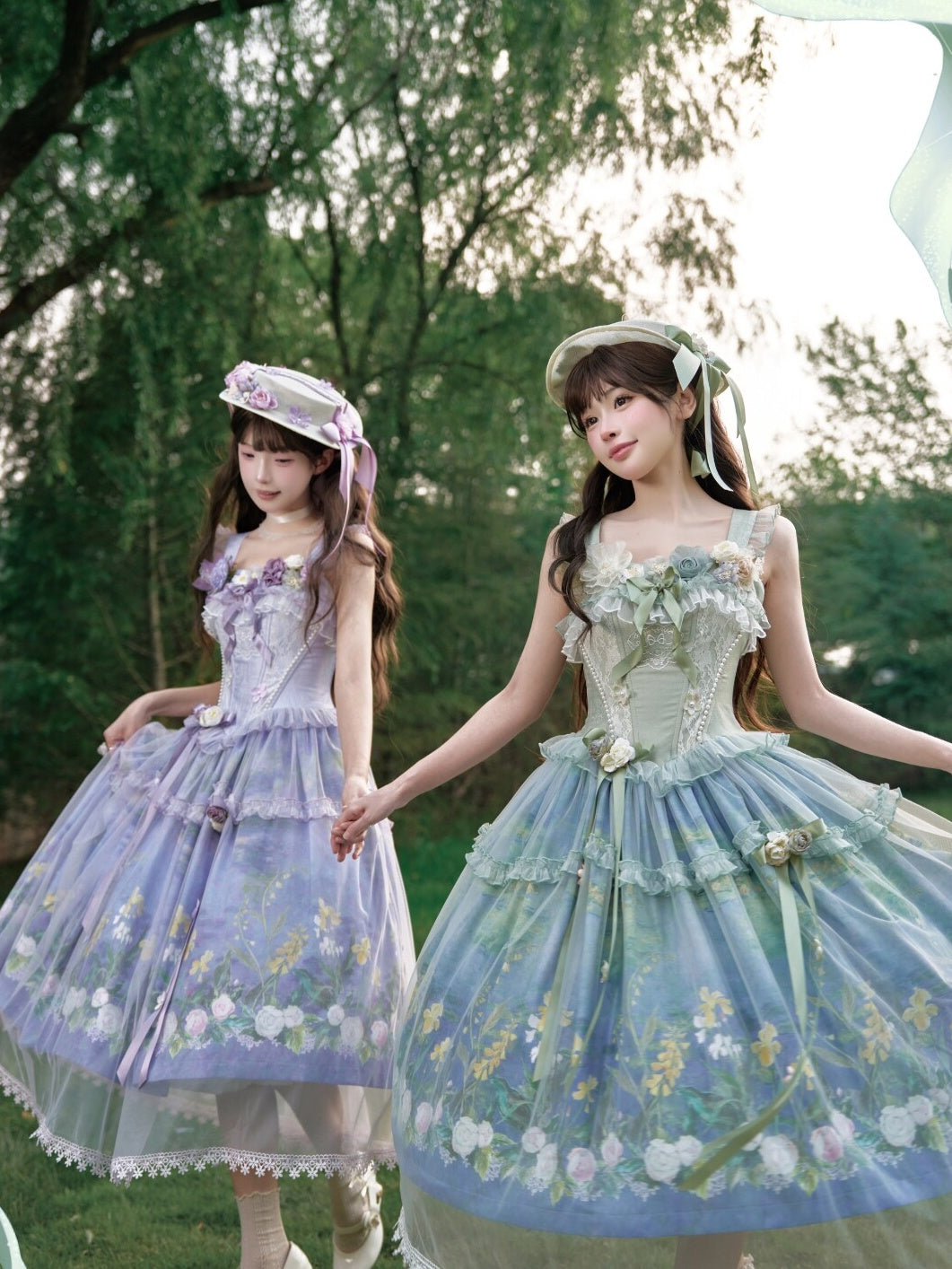 Violet‑Hued Lake Classic Oil‑Painting Printed Tulle Lolita JSK Dress