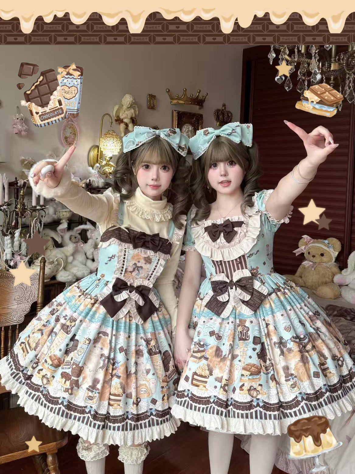 Chocolate Cake Party Mint Green Beige Honey Cat Print Sweet Lolita JSK Dress