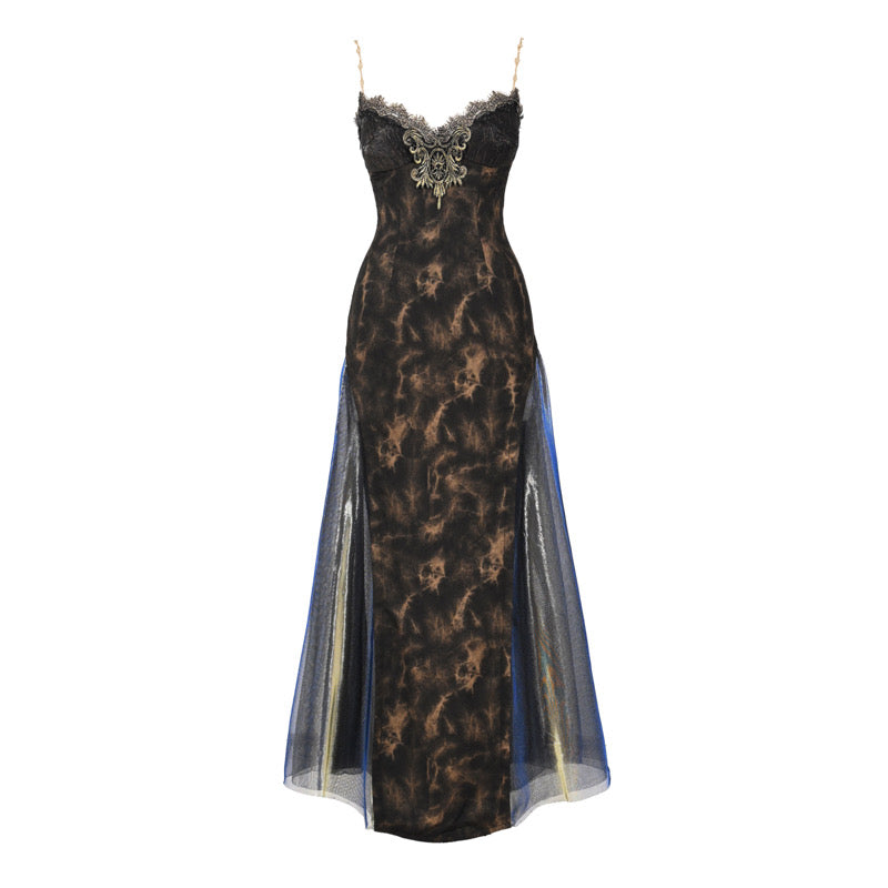 Lolita Gothic Retro style Blue & Gold Flowing Cami Dress LG1001