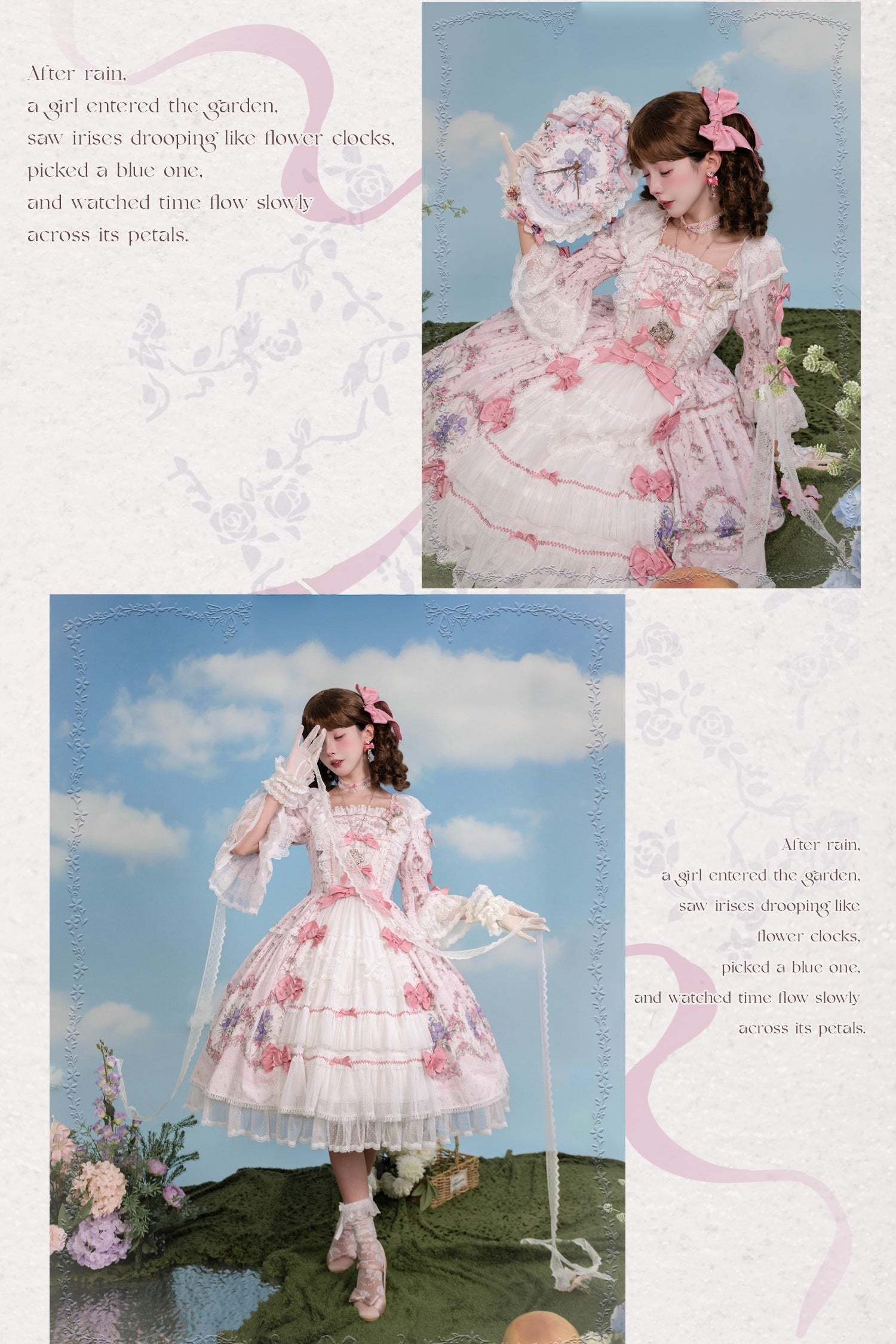 Iris Clock Floral‑Wall Front‑Opening Lolita Hime‑Sleeve Dress