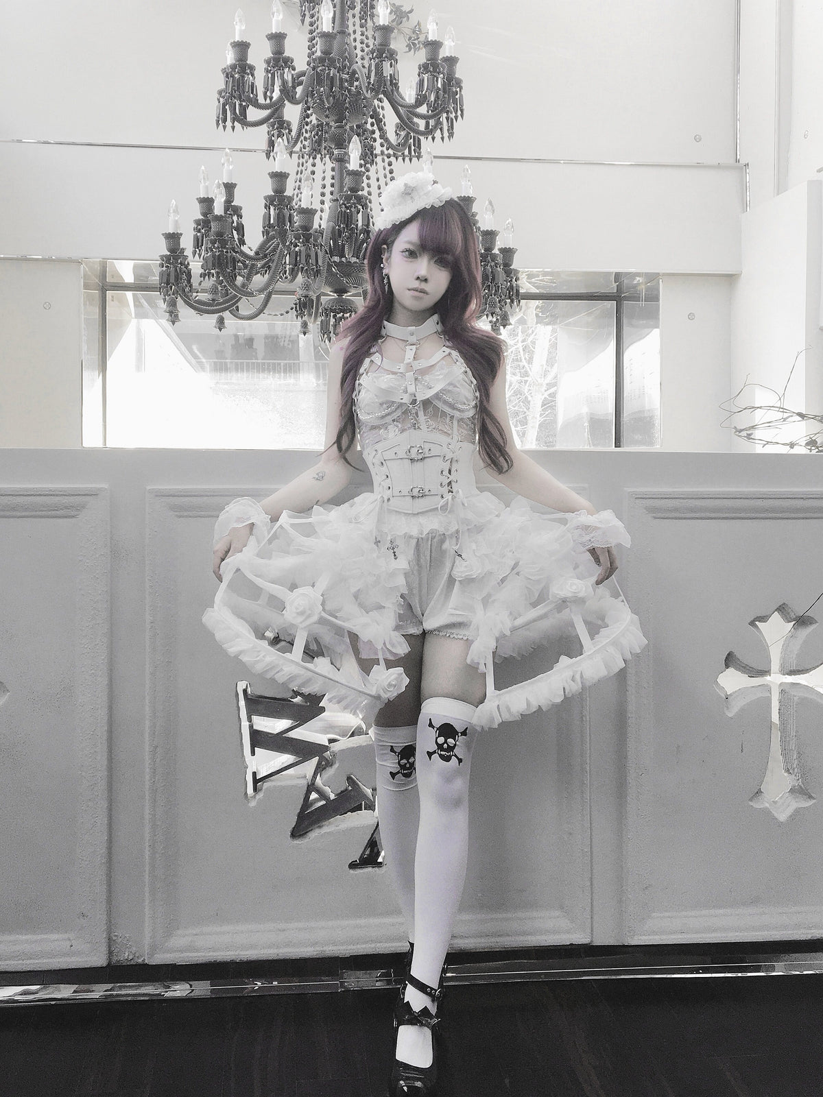 Flower Bud White Rose Gothic Corset & Birdcage Skirt Set