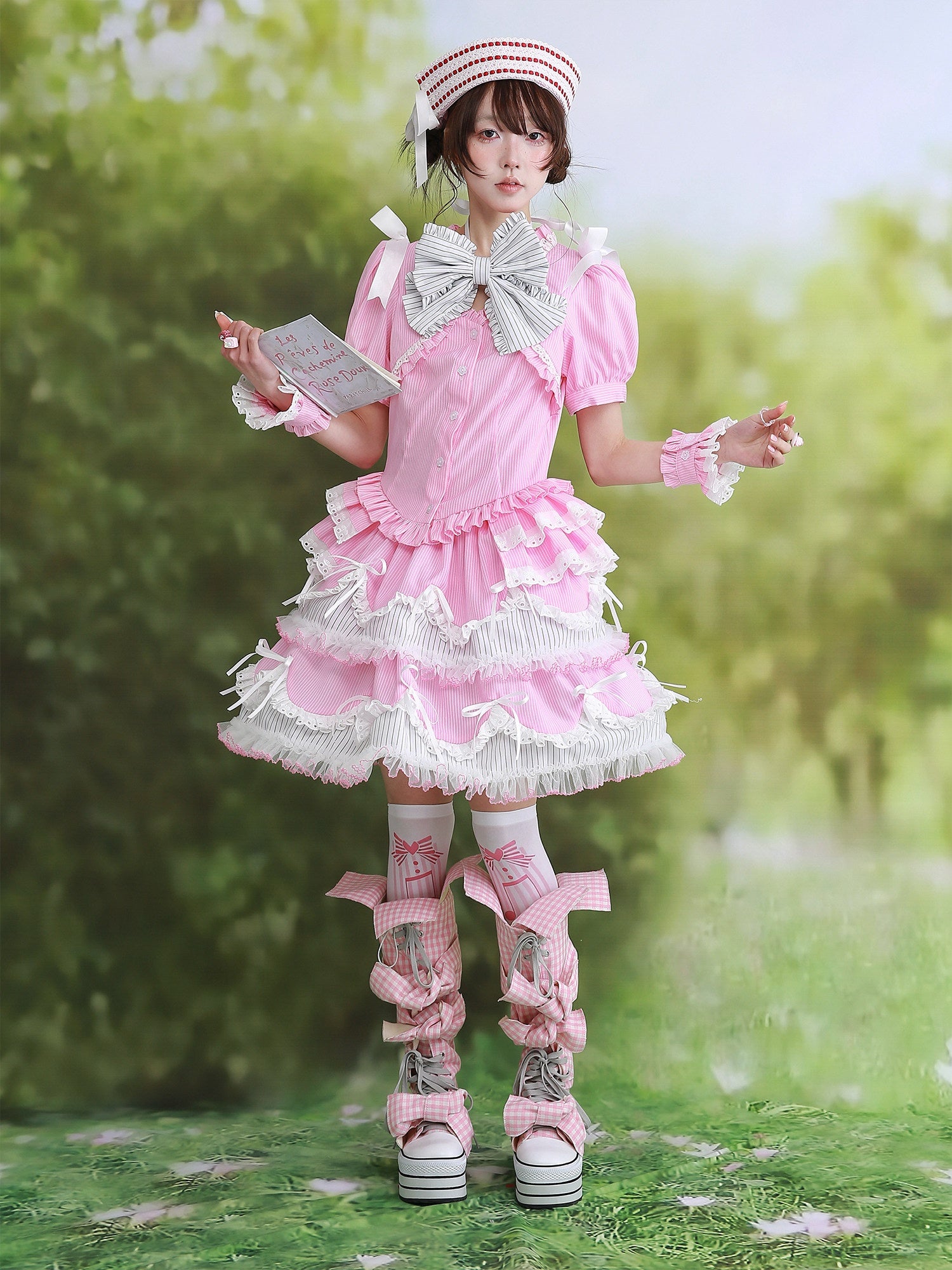 Candy Cottage Showa Retro Pink Striped Set