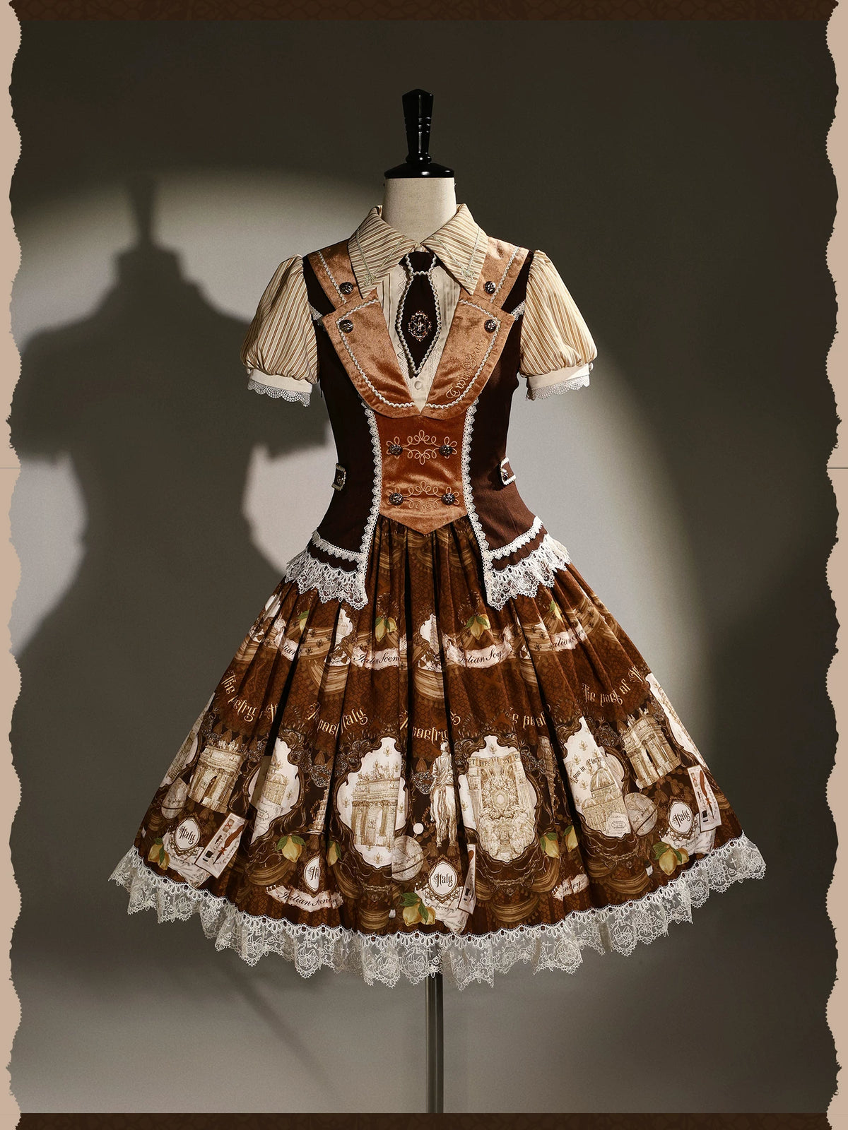 Italian Travelogue Brown British Style Lolita OP Dress and Coat