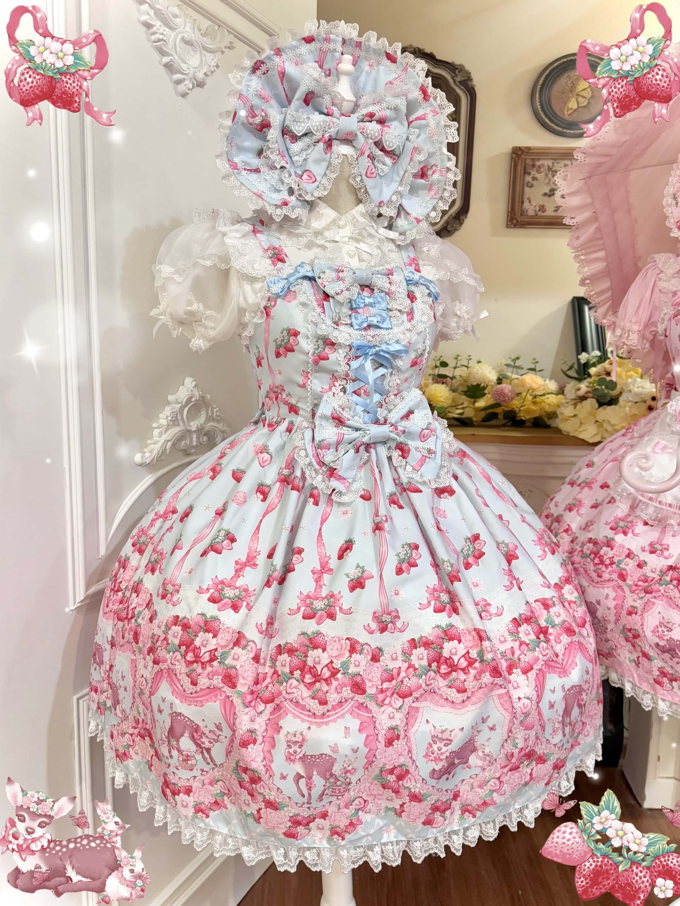 Deer Strawberry Garden Old-School Strawberry Print Lolita JSK