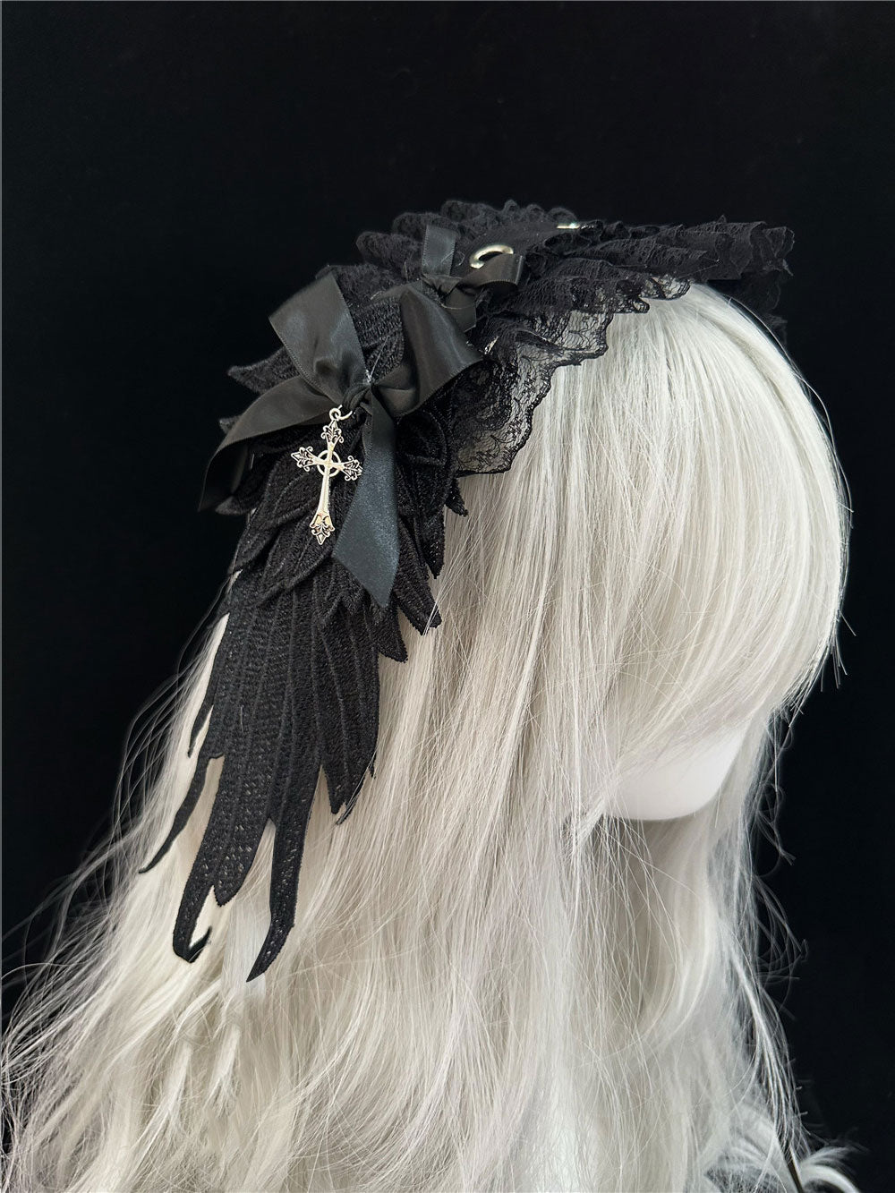 Dark Angel Wing Feather Lolita Gothic Headband with Cross Charm