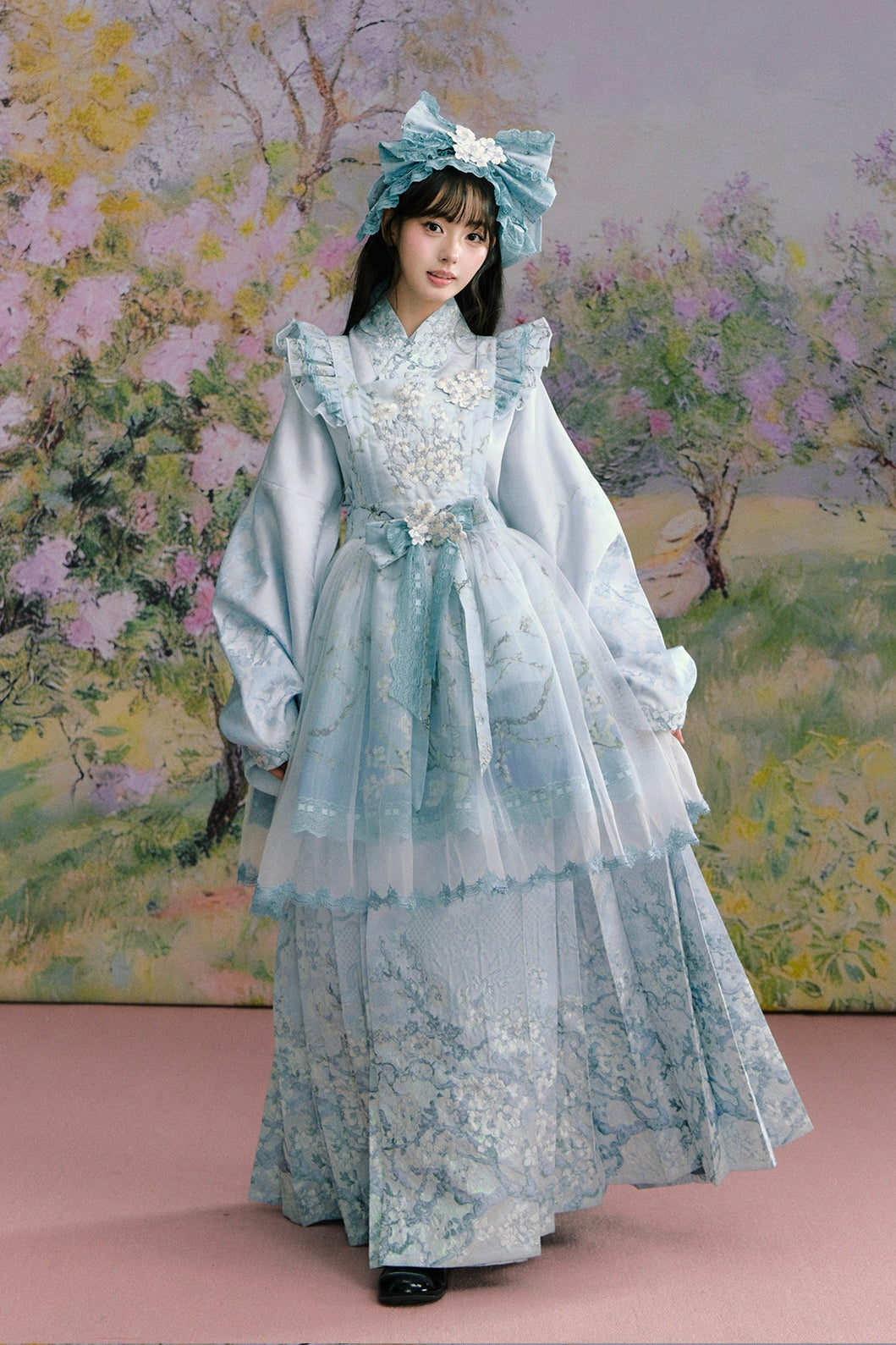Apricot Blossom Shadow Pink & Blue Black Hanfu Lolita JSK Set