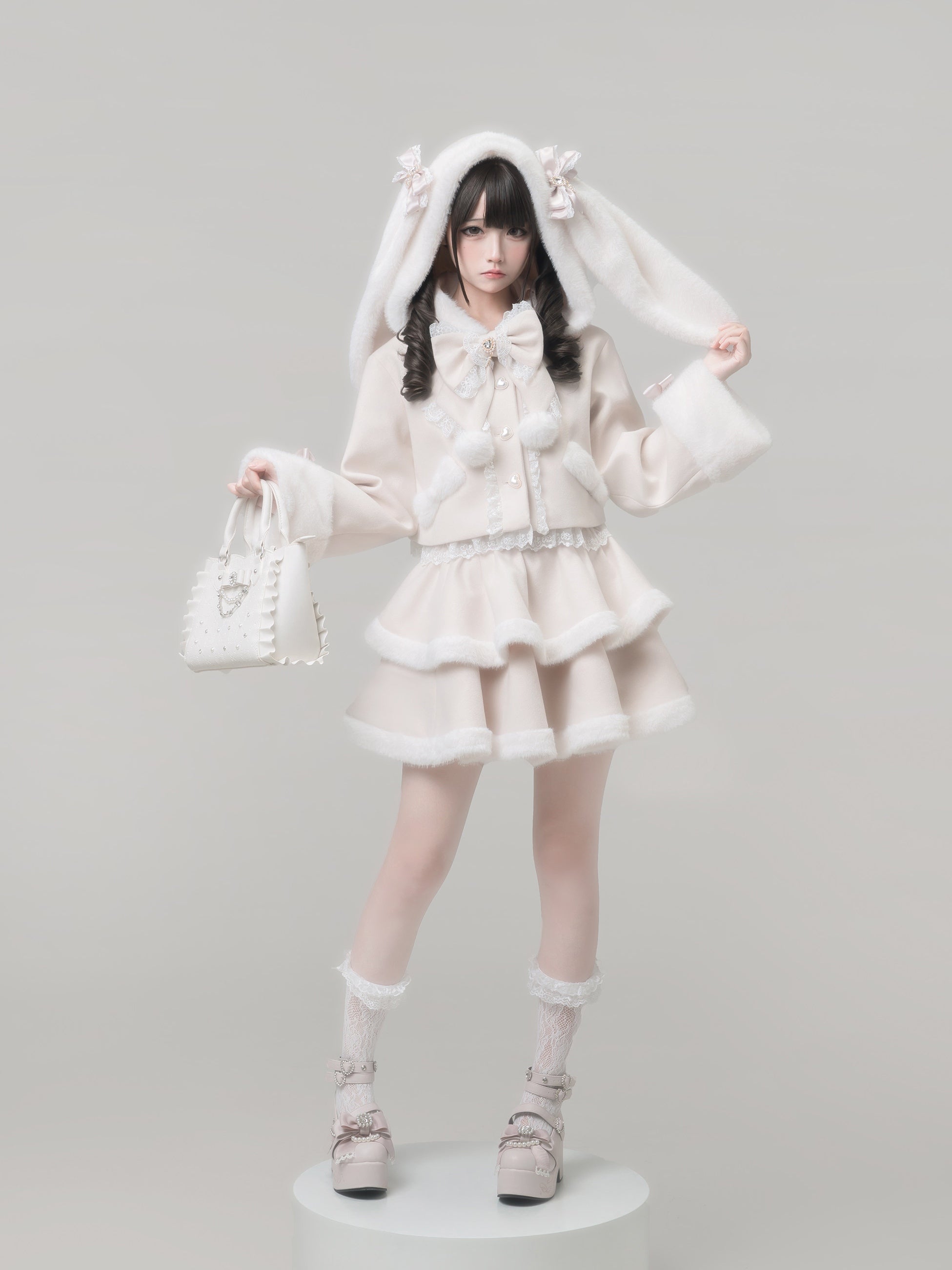 Snow Love Heart Pink Rabbit Ear Coat