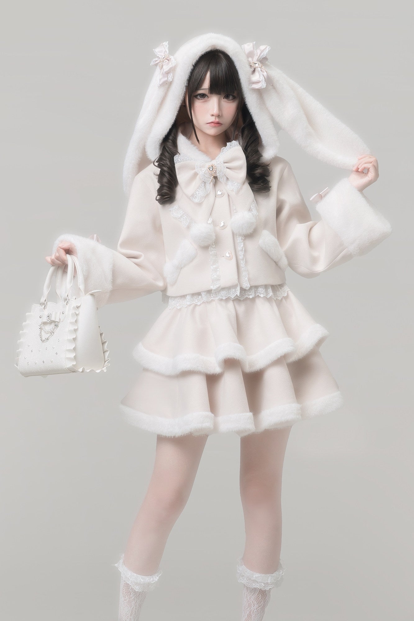 Snow Love Heart Pink Rabbit Ear Coat