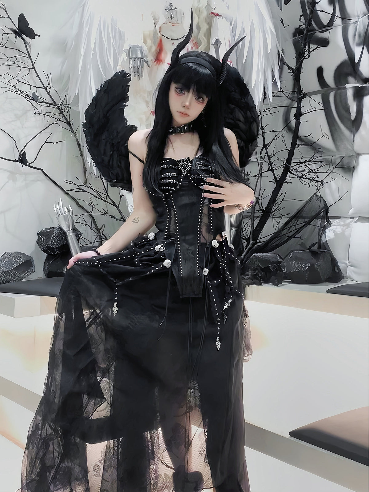Pure Black Gothic Dark Halloween Corset & Half Skirt Set