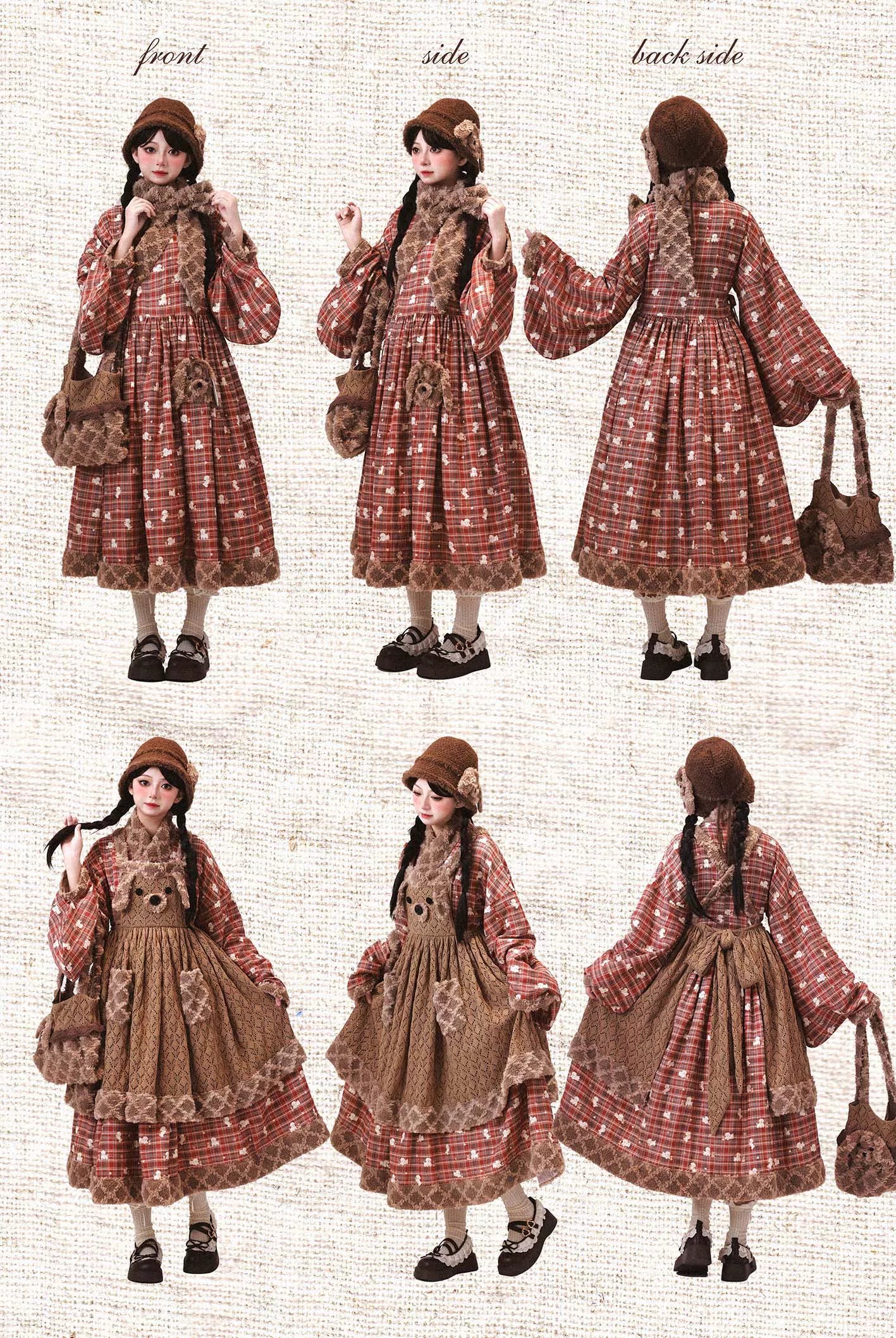 Fluffy Puppy Sweet Lolita Cross Collar Blouse Inner Dress Knit Apron Full Set
