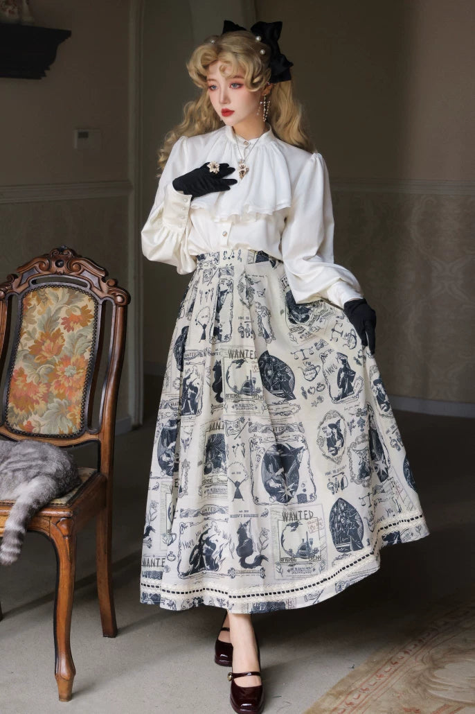 Witch's Bounty Satin Leg of Mutton Sleeve Lolita Blouse Black White Classic