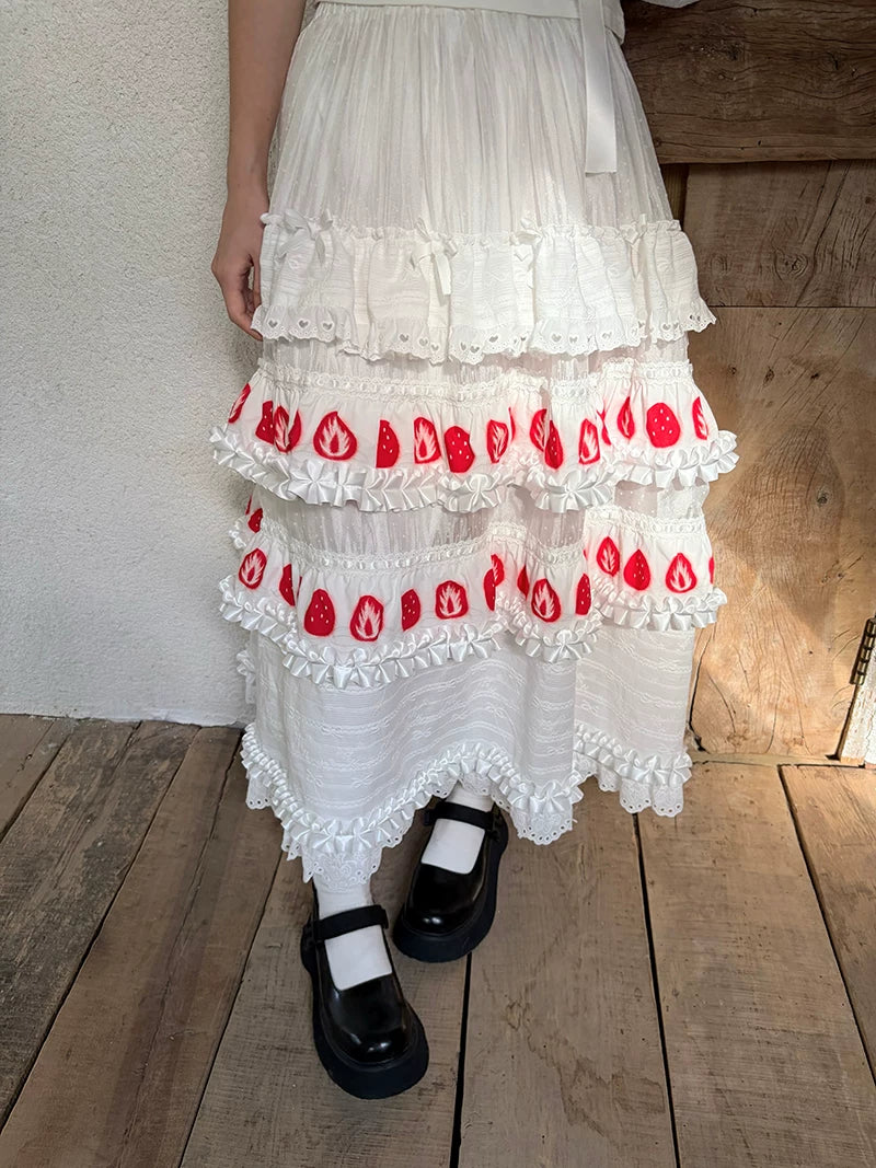 Strawberry Scent Cake Cross-section Print Lace Long Skirt