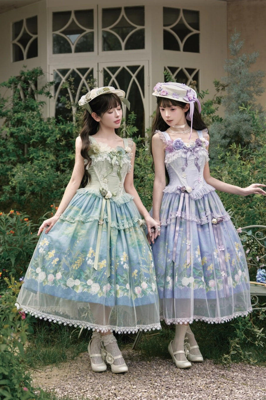 Violet‑Hued Lake Classic Oil‑Painting Printed Tulle Lolita JSK Dress