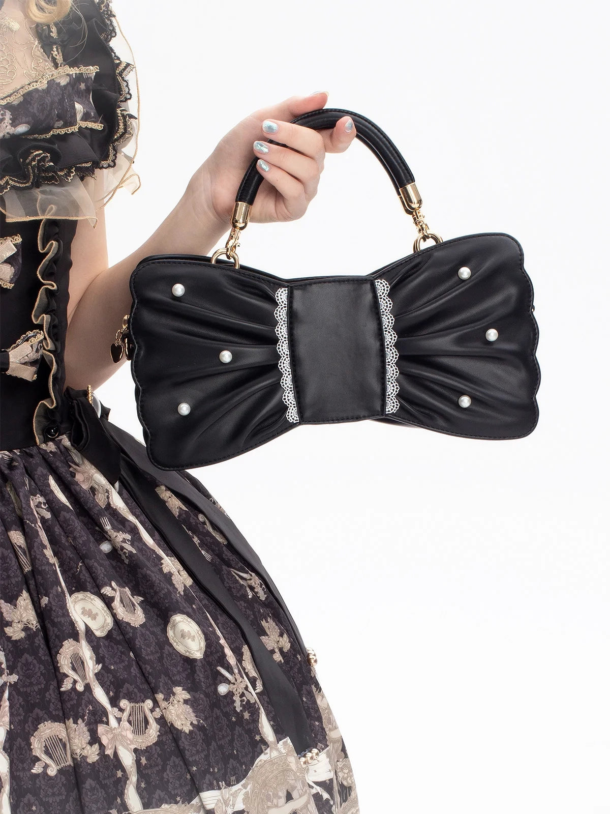 Pearl Bow Lace Trim Lolita Handbag