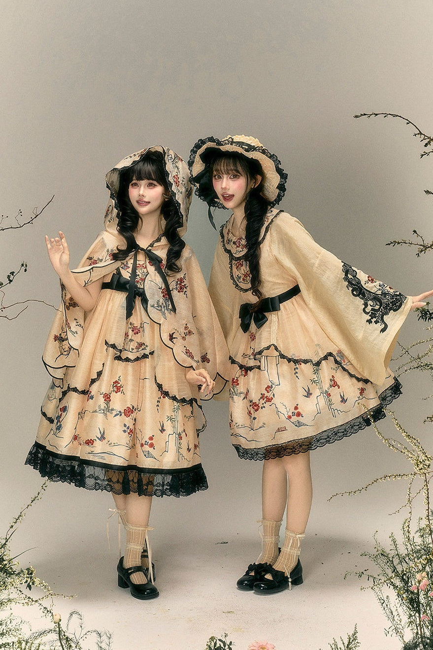 Floral Bird Amber Beige Hanfu Lolita JSK Dress Set