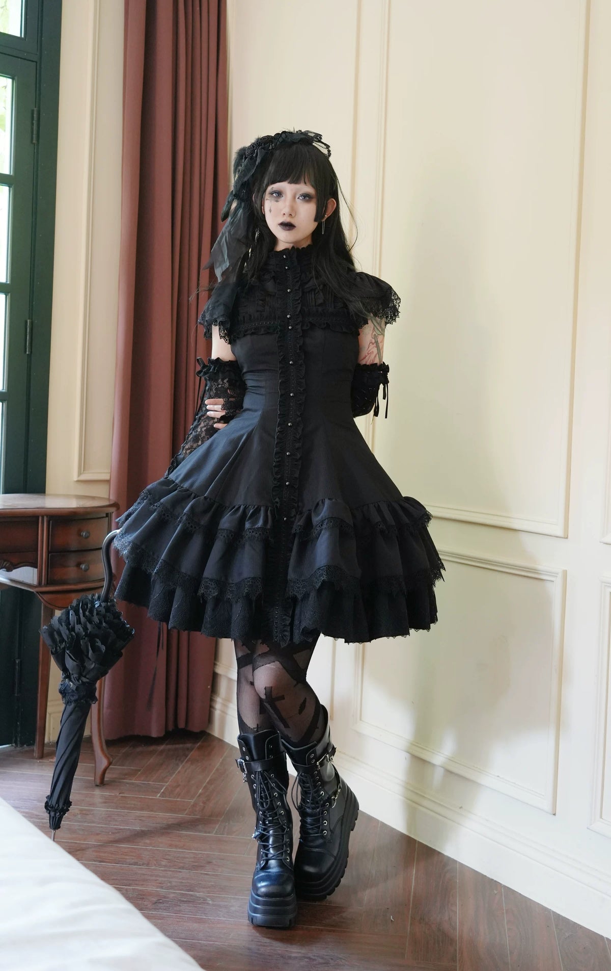 Leanna Black Gothic Lolita Cross Lace OP Dress in Two Lengths