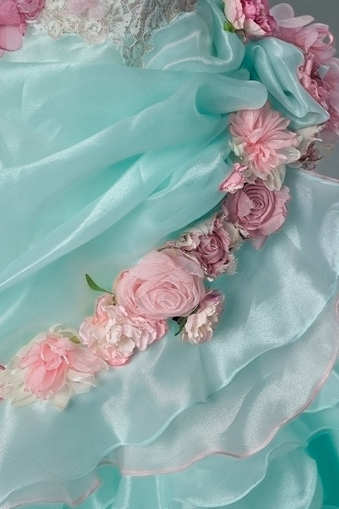 Bright Flower Sea Mint Green Pink Gradient 3D Floral Ballgown Formal Dress