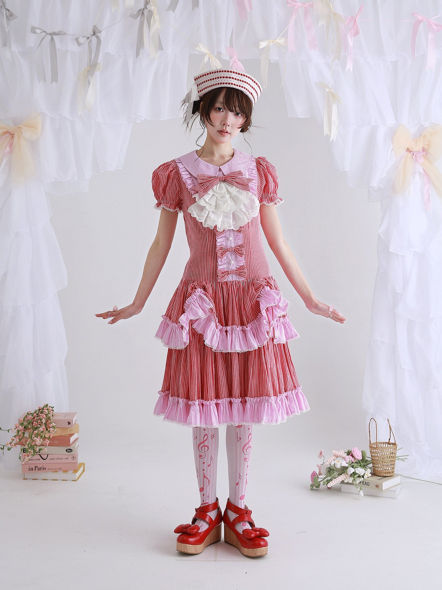 Candy Cottage Showa Retro Pink Striped Dress