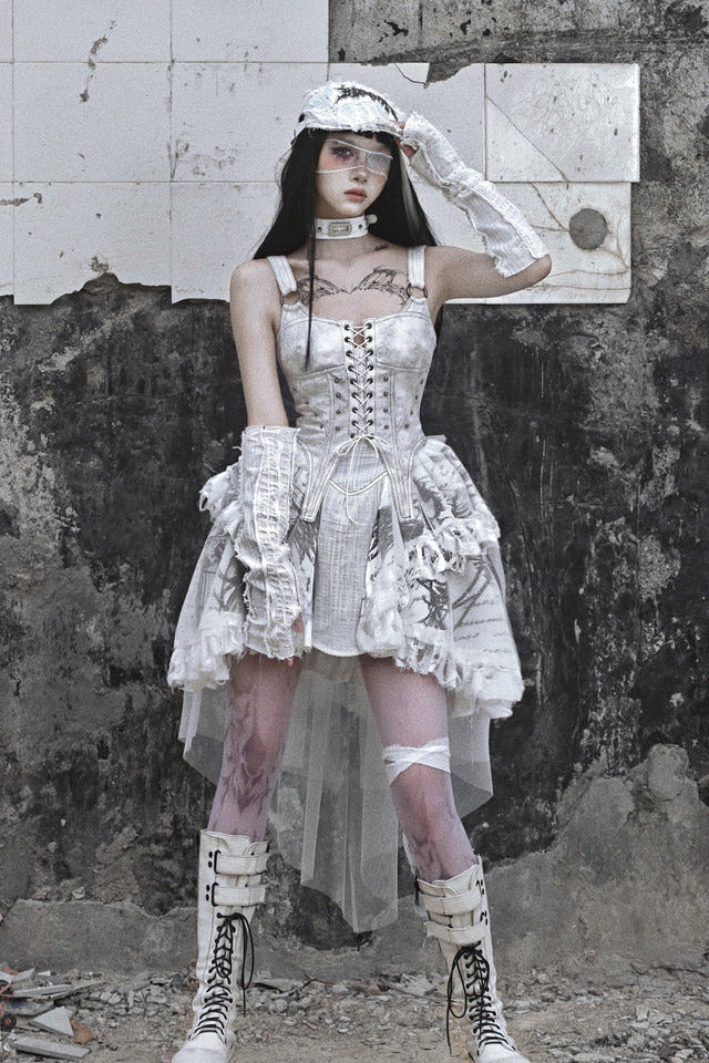 Lolita White Tie-Dye Punk Suspender Dress