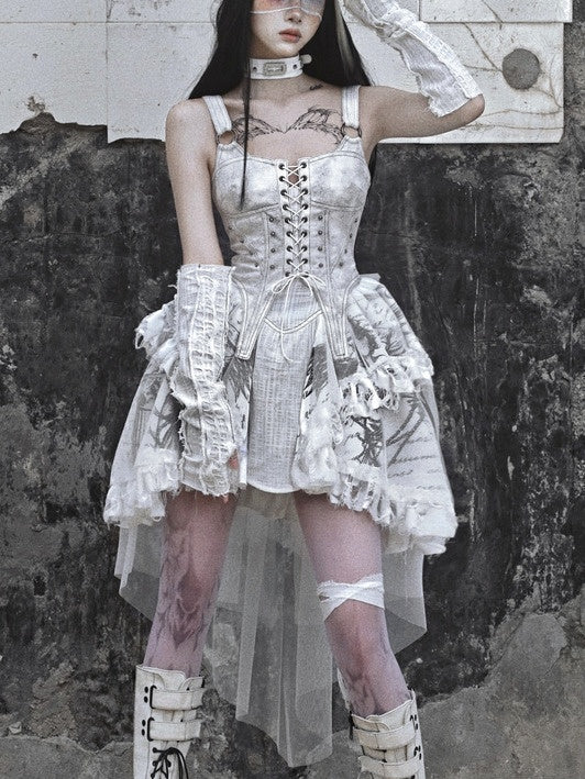 Lolita White Tie-Dye Punk Suspender Dress LG1020