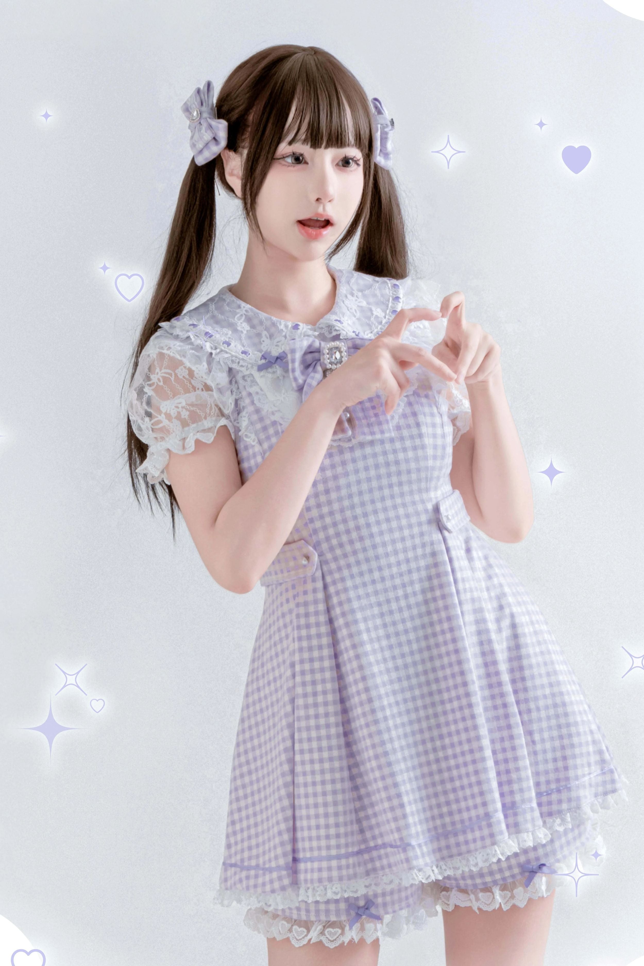 Kisskiss Two-Tone Plaid Lace Sweet Ryōsangata Cute Outfit Set
