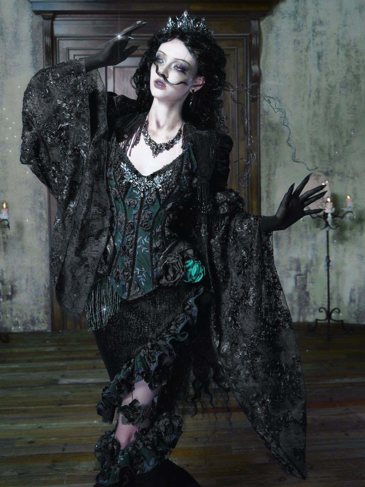 Sale at 20:00, Oct 20th. Emerald Night Gothic Halloween Imperial Green Boned Corset & Mermaid Skirt Set