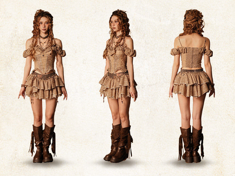 Ember Scars Shimmer Lace Inset Corset Ruffle Off-Shoulder Crop Top