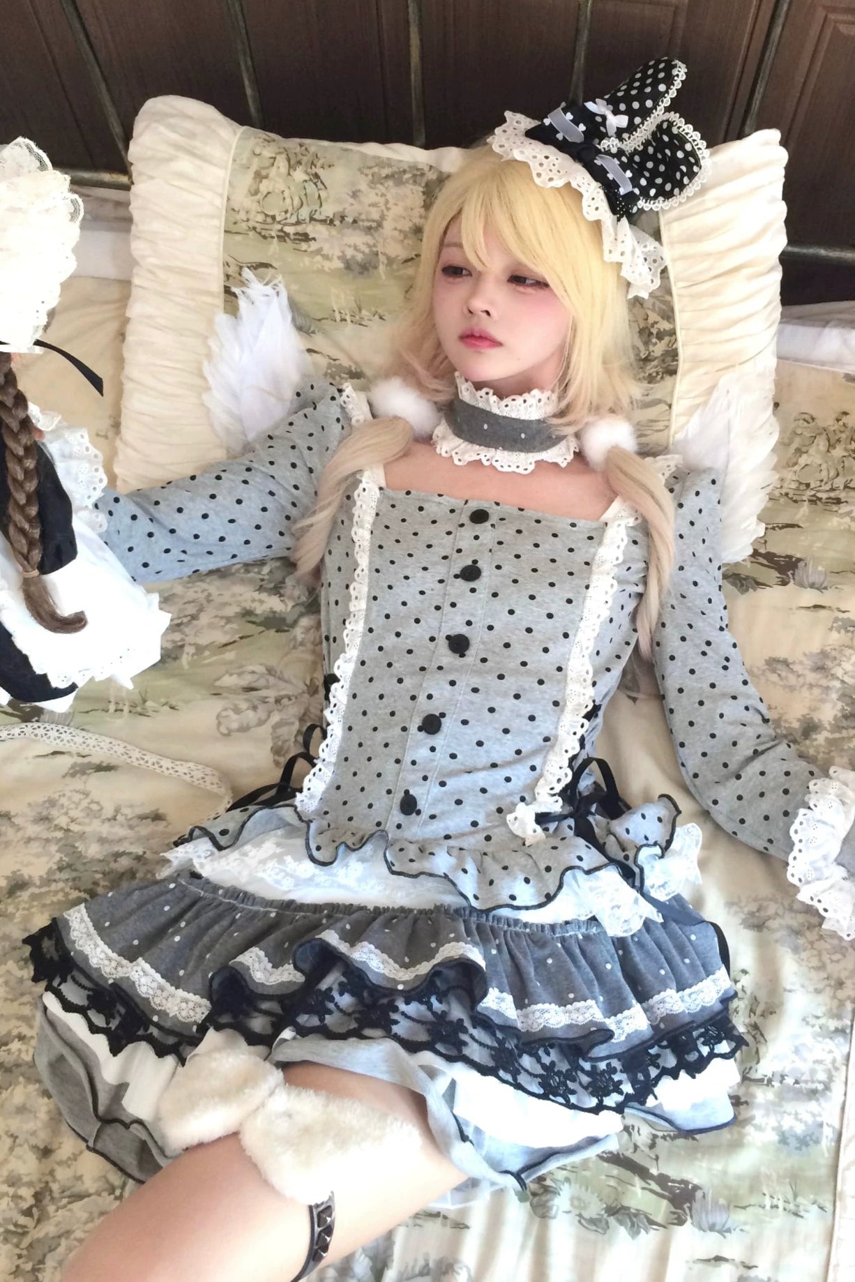 Women's Polka Dot Tiered Ruffle Dress Long Sleeve Bow Waist