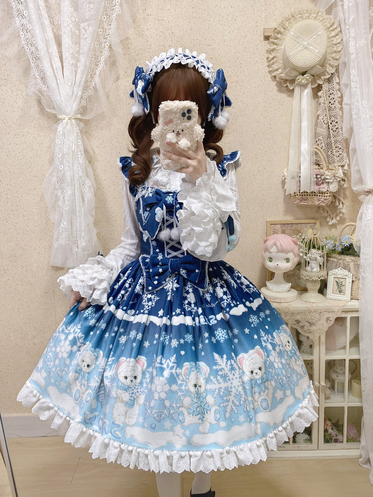 Snowflake Bear Deep Blue Christmas Plush Lolita JSK Dress Set