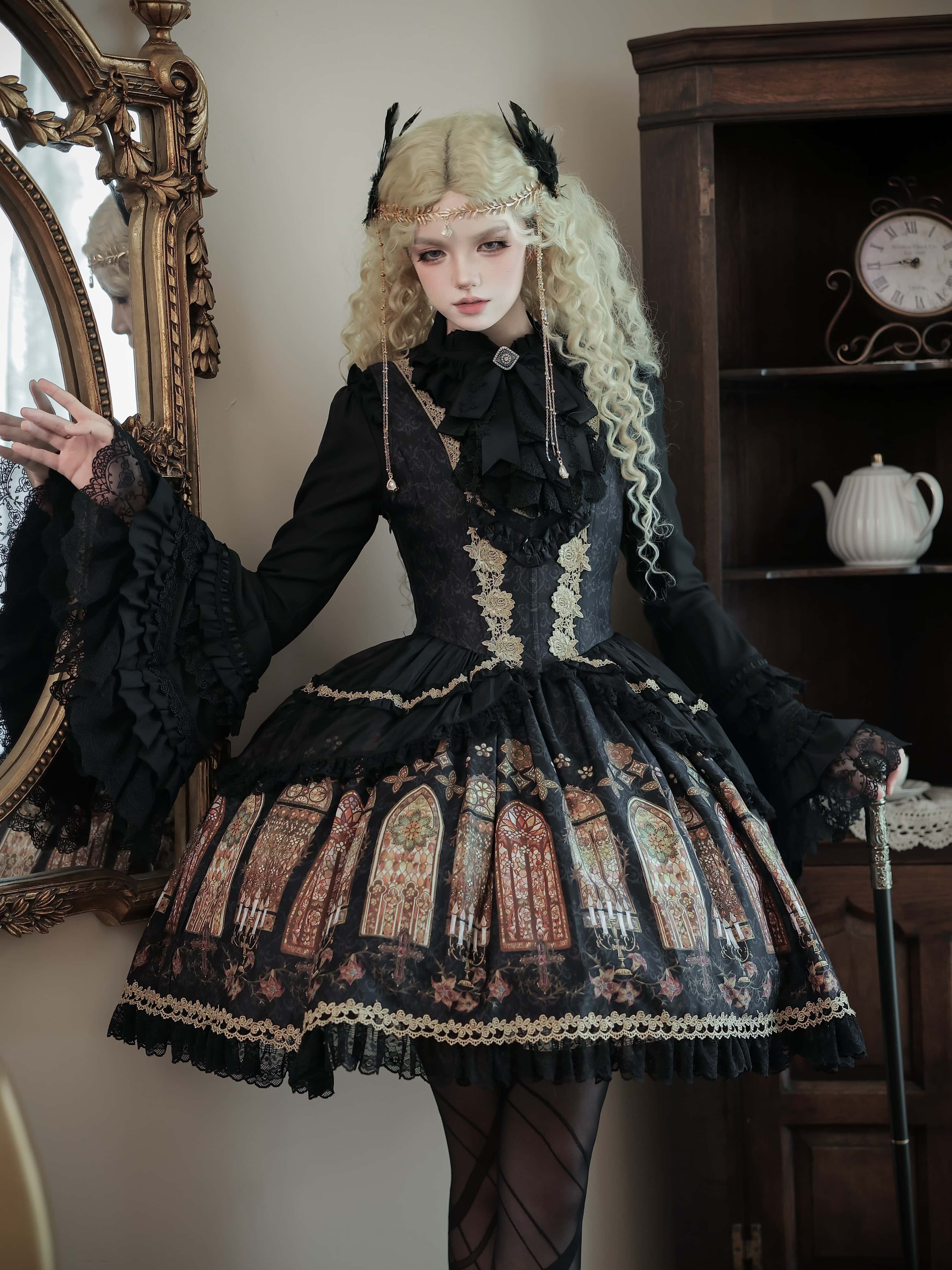 Dark Gothic Cathedral Stained Glass Print Lolita JSK & Blouse Set