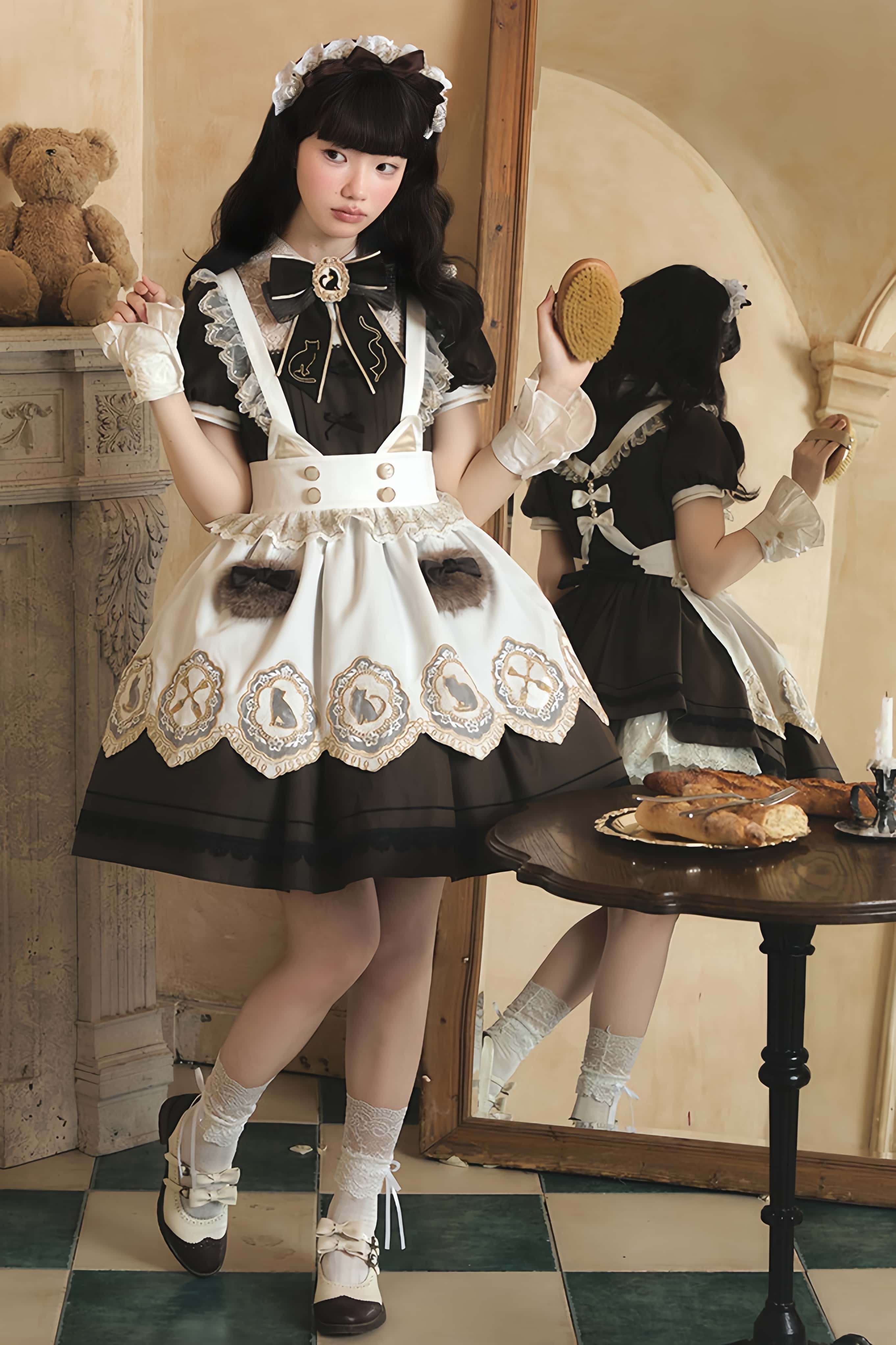 Refreshing Tea Party Lolita Cat Embroidered OP Dress