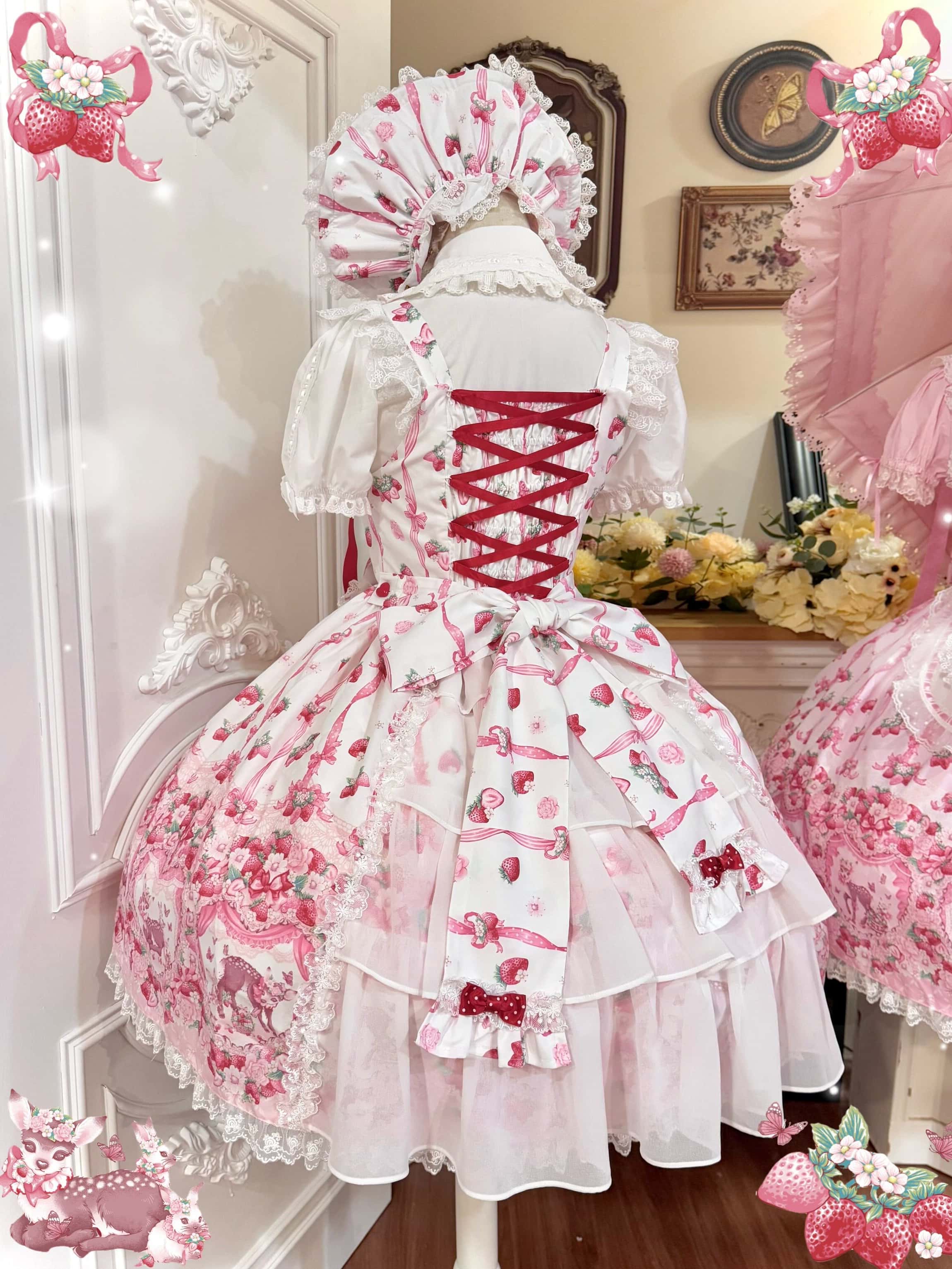 Deer Strawberry Garden Old-School Strawberry Print Lolita JSK