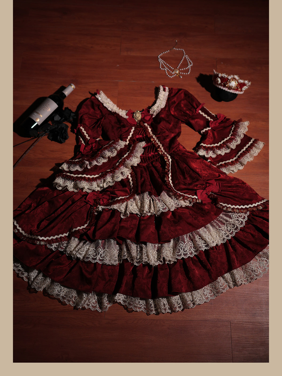 Scarlet Overture Gorgeous Red‑Gold Lolita Bridal Dress