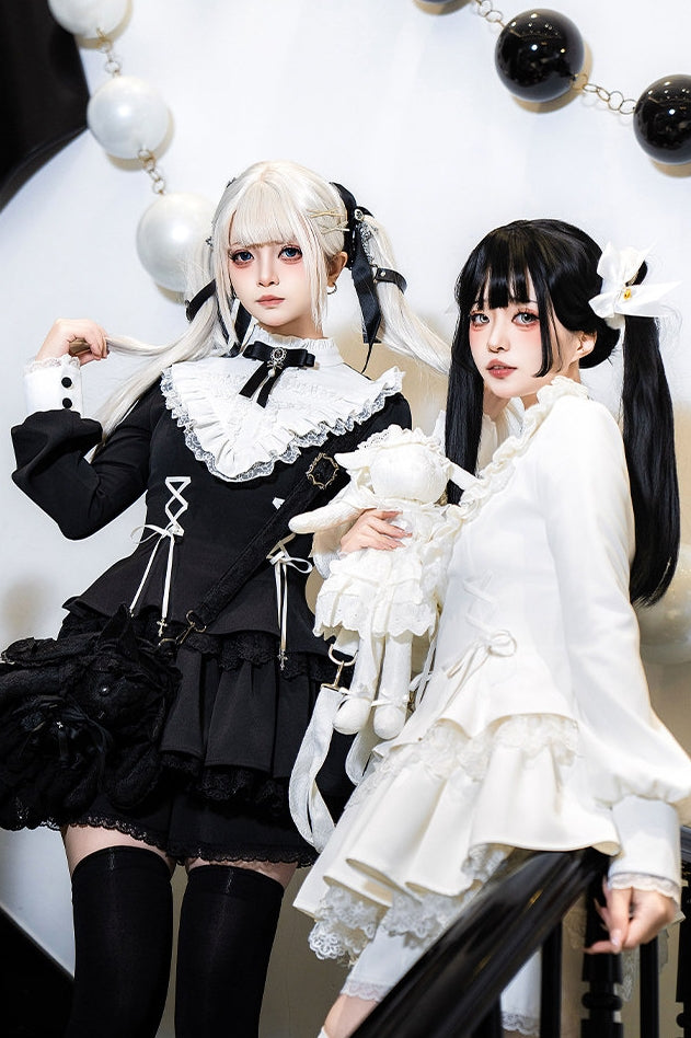 Gothic Sweet Lace Ruffle Cross Lace-Up Long Sleeve Lolita OP Dress with Shorts