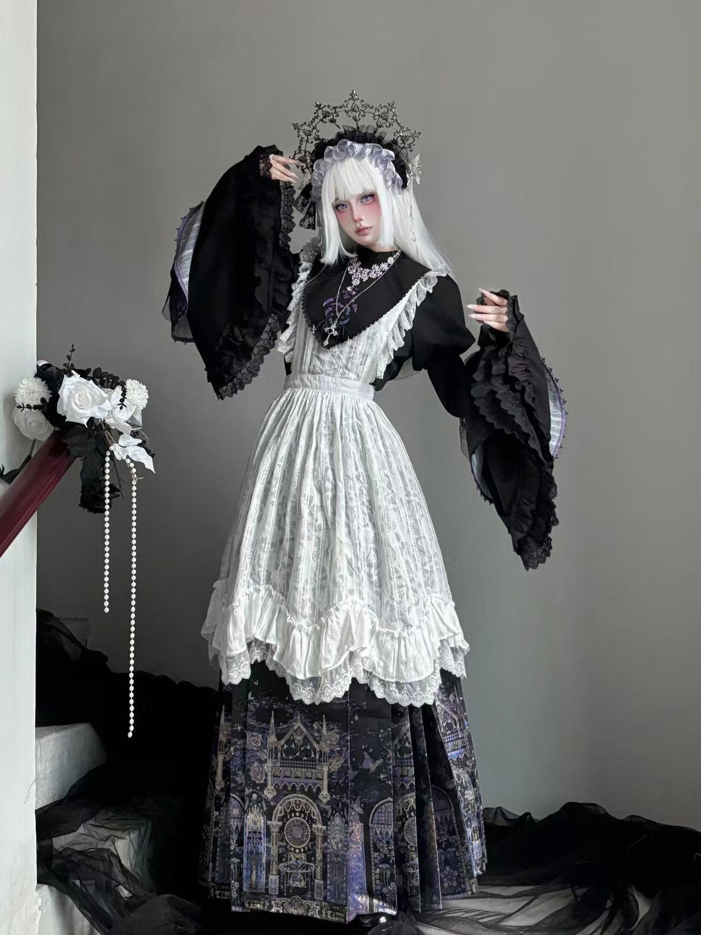 Pinellia · Star‑Orbit Sanctuary Gothic Lolita Blouse & Half Skirt Set