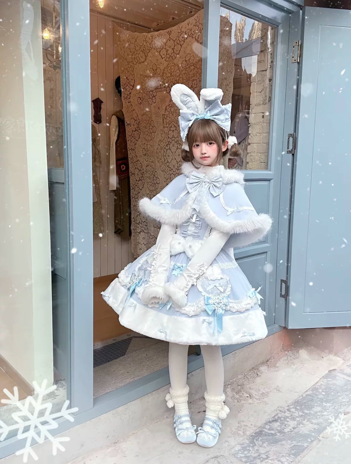 Snow Rabbit Gift Box Lolita Original Sweet Christmas Furry Cape Dress Set