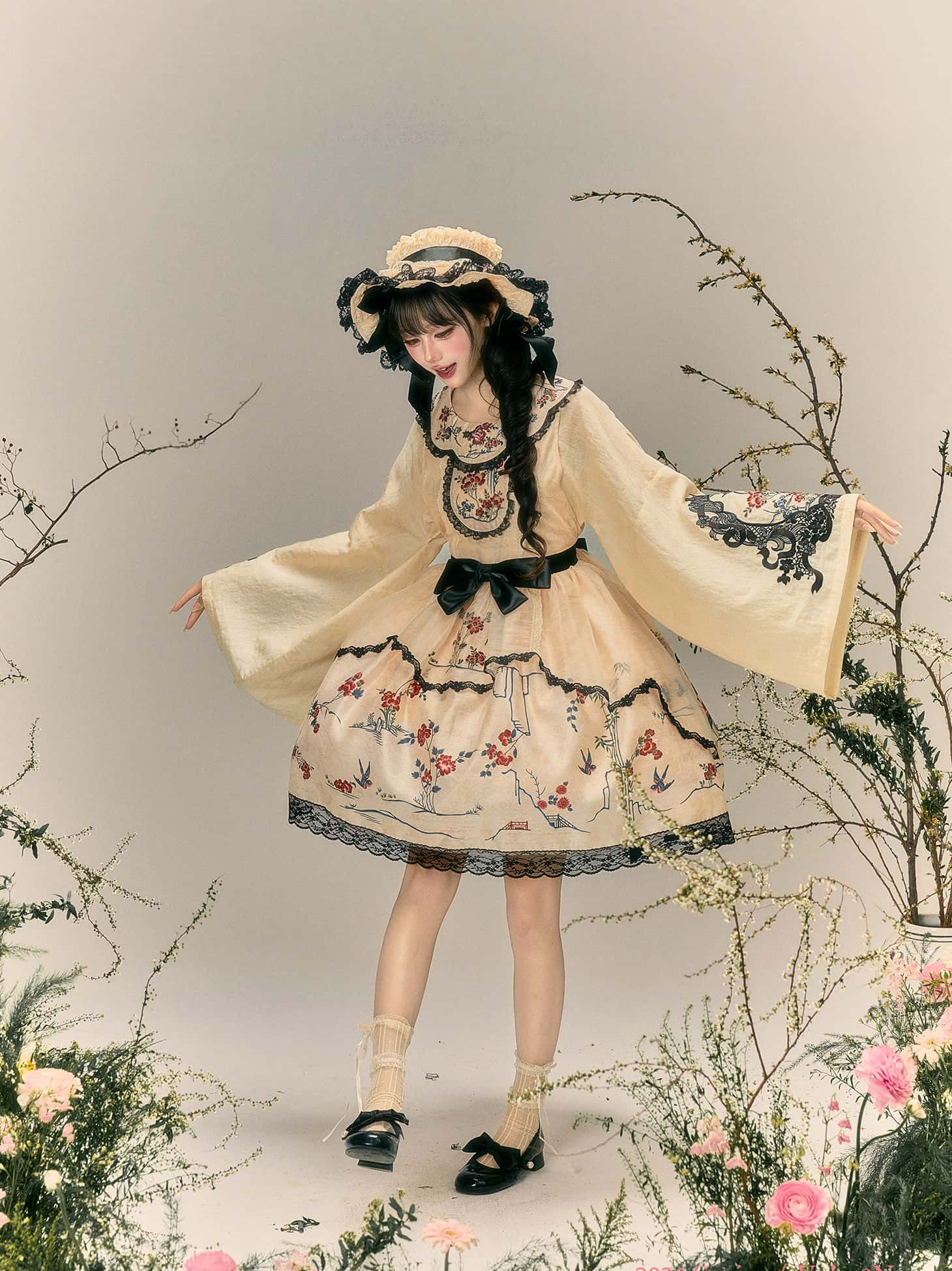 Floral Bird Amber Beige Hanfu Lolita JSK Dress Set