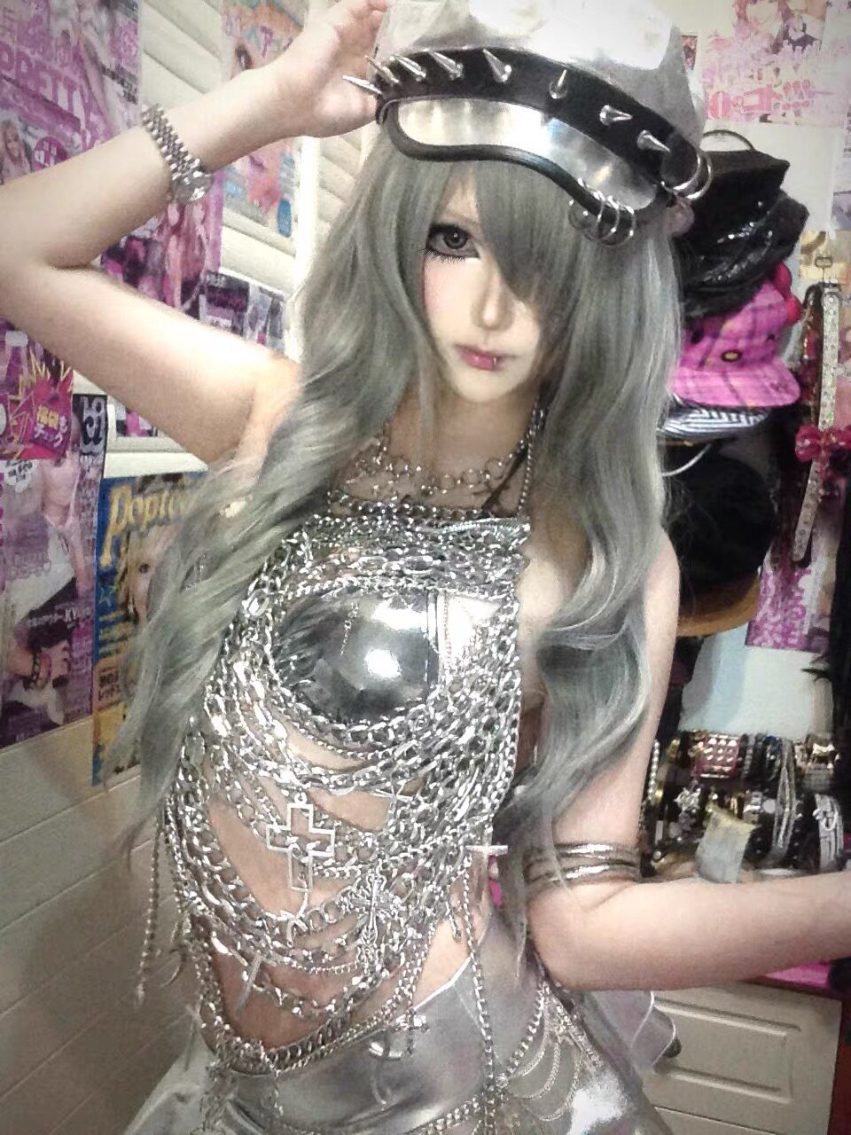 Tears Queen Silver Shiny Gothic Halter Crop Top & Cross Body Chain