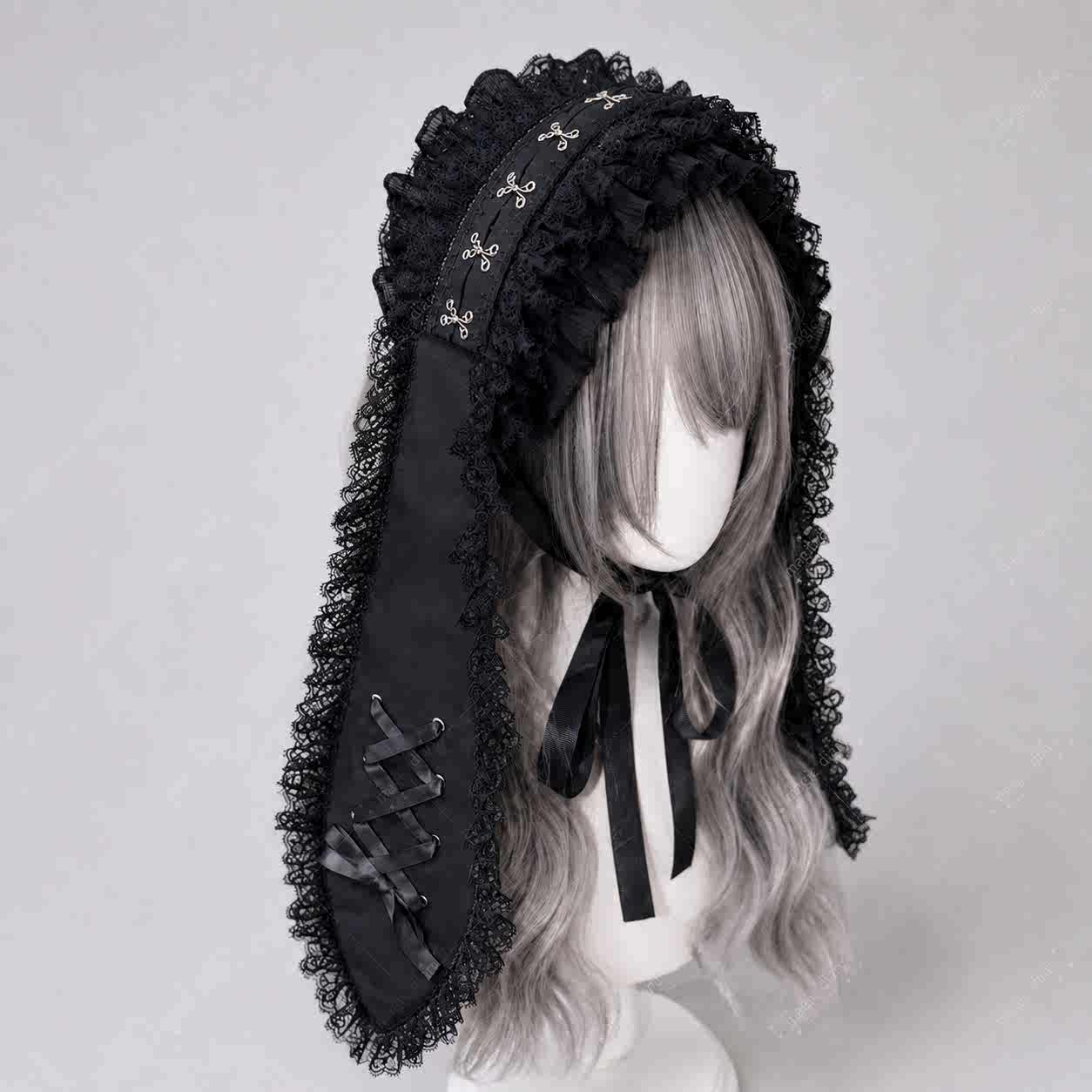 Long Ear Bunny Doll Lace Gothic Lolita Headband with Paw Heart Hair Clip