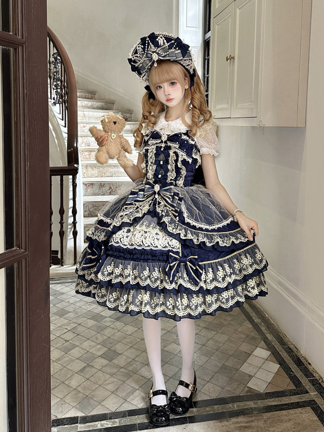 Crown of Gems Lolita Original Doll‑Like Strap JSK Blue Dress